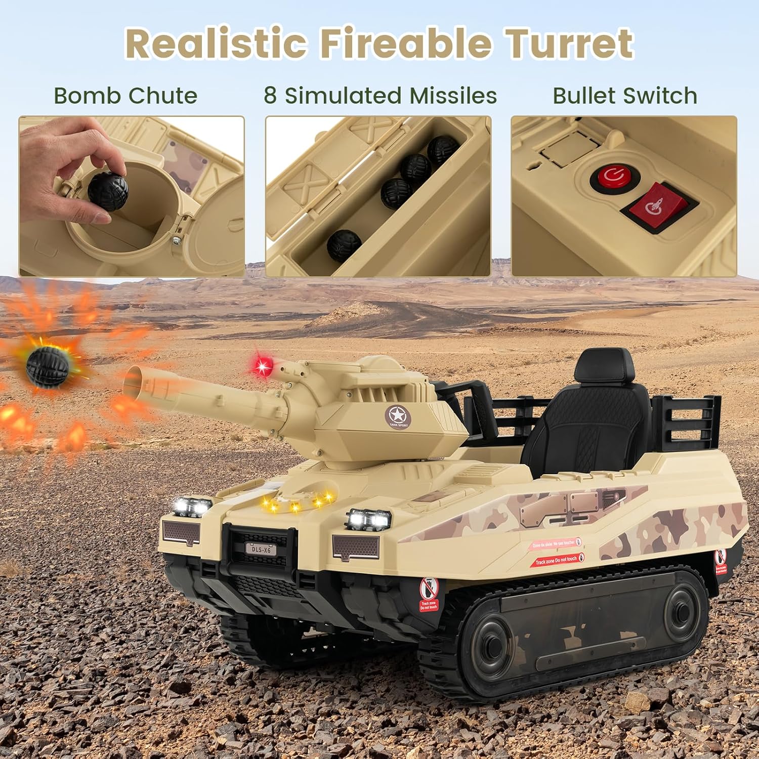 OLAKIDS 12V Ride on Car, Kids Electric Tank with Remote Control, 8 Cannonballs, Rotating Turret, 360°Spin Vehicle, Bluetooth, Battery Powered Army Tank Toy for Boys Girls