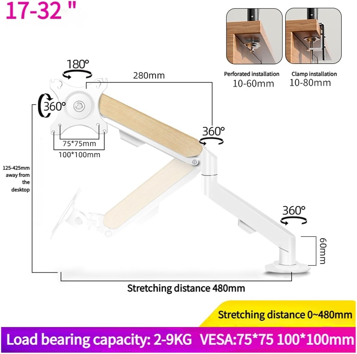 White single monitor stand, can accommodate up to 32-inch screens, each screen can bear 19.8 pounds, computer desk stand, adjustable monitor stand(M5W-M)