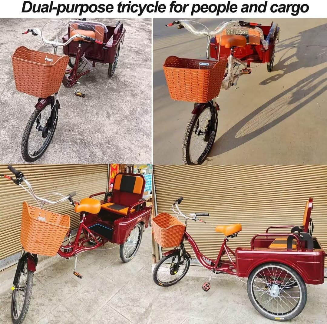 Elderly Pedal Bicycle Rickshaw Scooter trikes,Passenger and Cargo Dual-use Tricycle,Folding Rear Passenger seat,Tandem Tricycle,Saddle and Handlebar Height Adjustable (Wine red Upgrade)