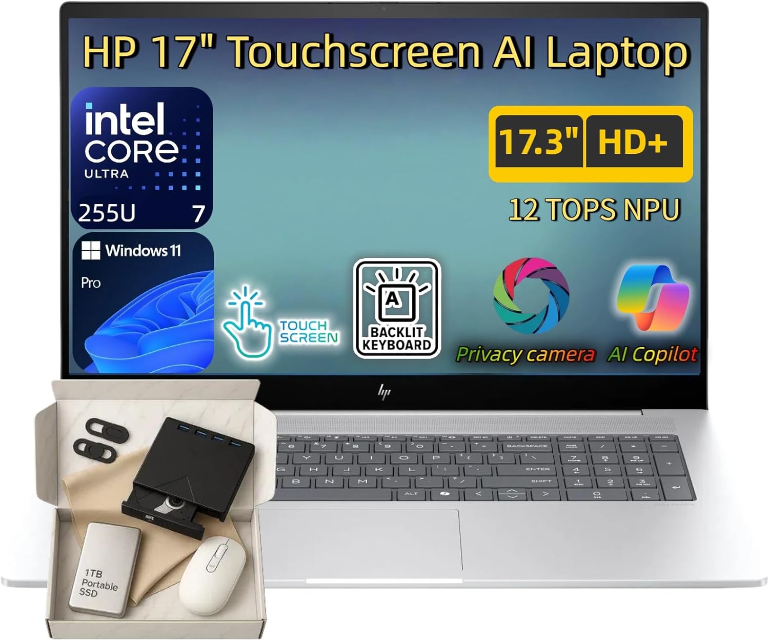 HP 17-inch Touchscreen Business Laptop · Intel 12-Core Ultra 7 255U · 12 NPU Tops · AI Copilot Ready · HD+ Display · Backlit KB · Privacy Camera · Win 11 Pro · w/Accessory (32GB DDR5 | 1TB SSD)