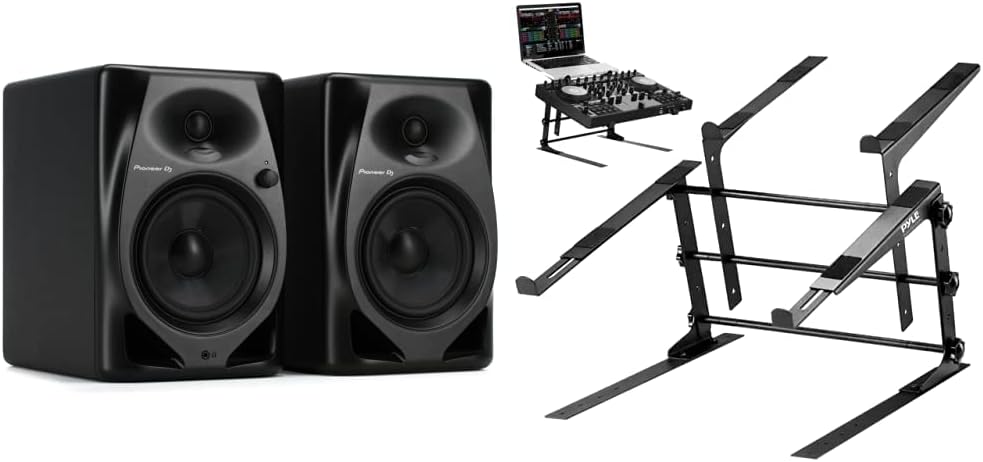 Pioneer DJ DM-50D 5-inch Active Monitor Speaker - Black & Pyle Portable Dual Laptop Stand - Standing Table & Anti-Slip Prongs for DJ Mixer, Sound Equipment, Workstation, Gaming & Home Use Black