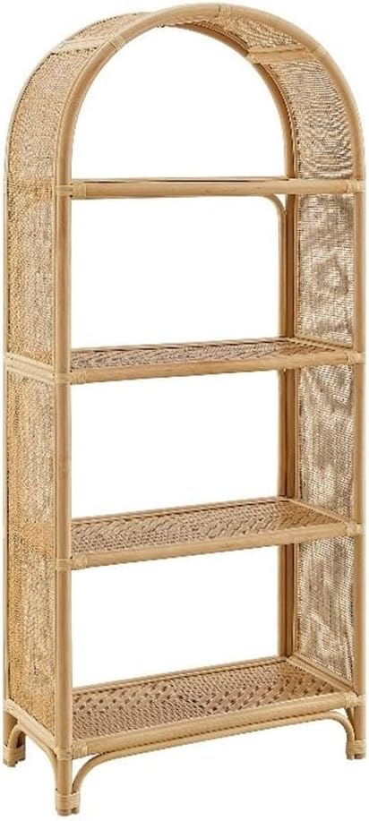 Modway Celeste Tall Arched 67 Inch Wood and Natural Rattan Bookcase in Natural – Tall Open Back Bookshelf with 6 Shelves for Living Room, Bedroom, Office