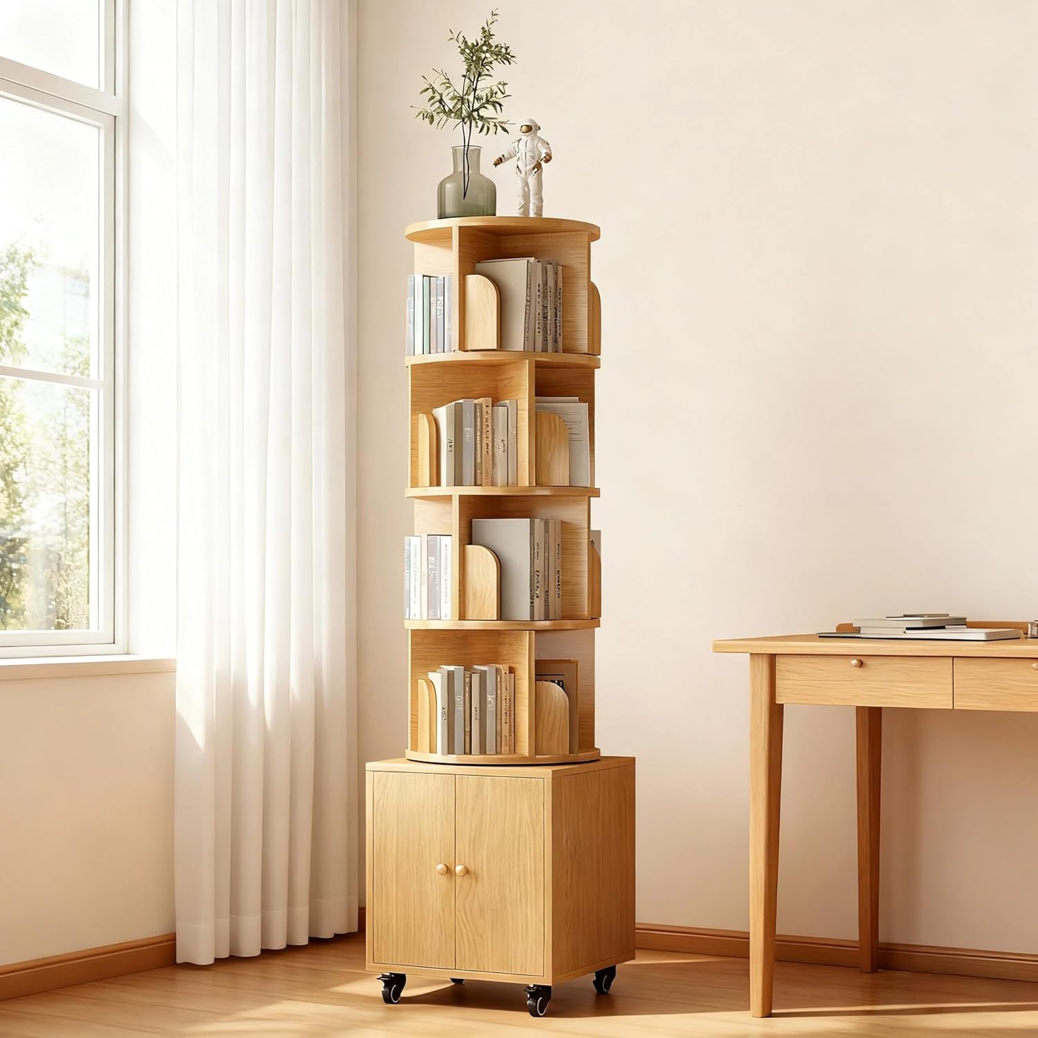 FEBORY 4-Tier 360° Rotating Bookshelf with Storage Cabinet, Spinning Corner Bookcase with Wheels, Sturdy MDF Floor Standing Organizer, 70.87 Inch Height for Living Room & Bedroom, Natural Wood