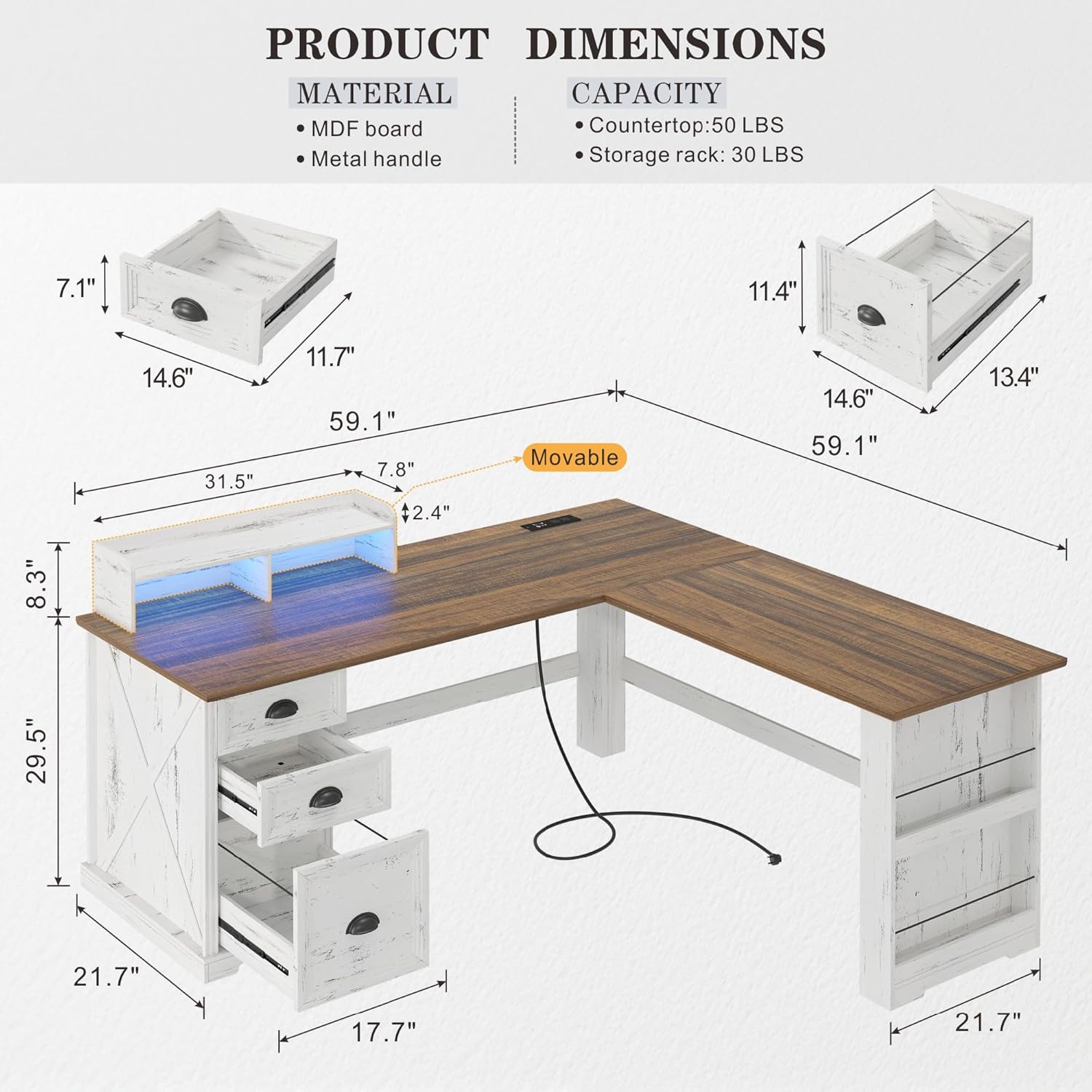 L Shaped Desk with Monitor Stand Farmhouse Computer Desk with Led Light and Power Outlet, Executive Desk for Home Office Room Workstation with File Cabinet for Working Gaming, Antique White
