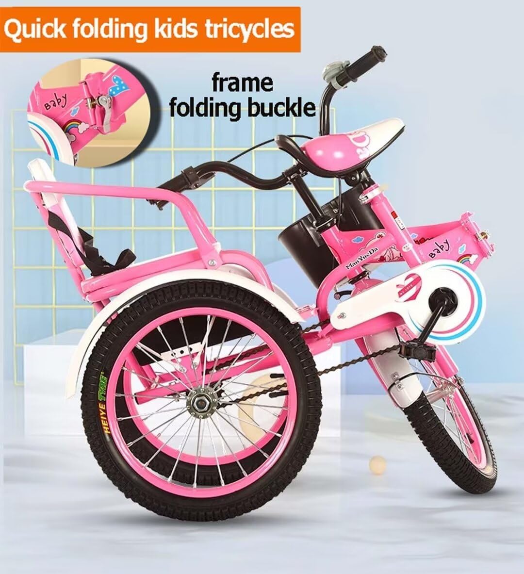 Folding Toddler Pedal Tricycle for Aged 3-10 Years Old,Children Large Tricycle with Rear Push Rod and armrest,Tandem Rickshaw trikes with Large Rear seat,3 Wheeled Cruiser Bike