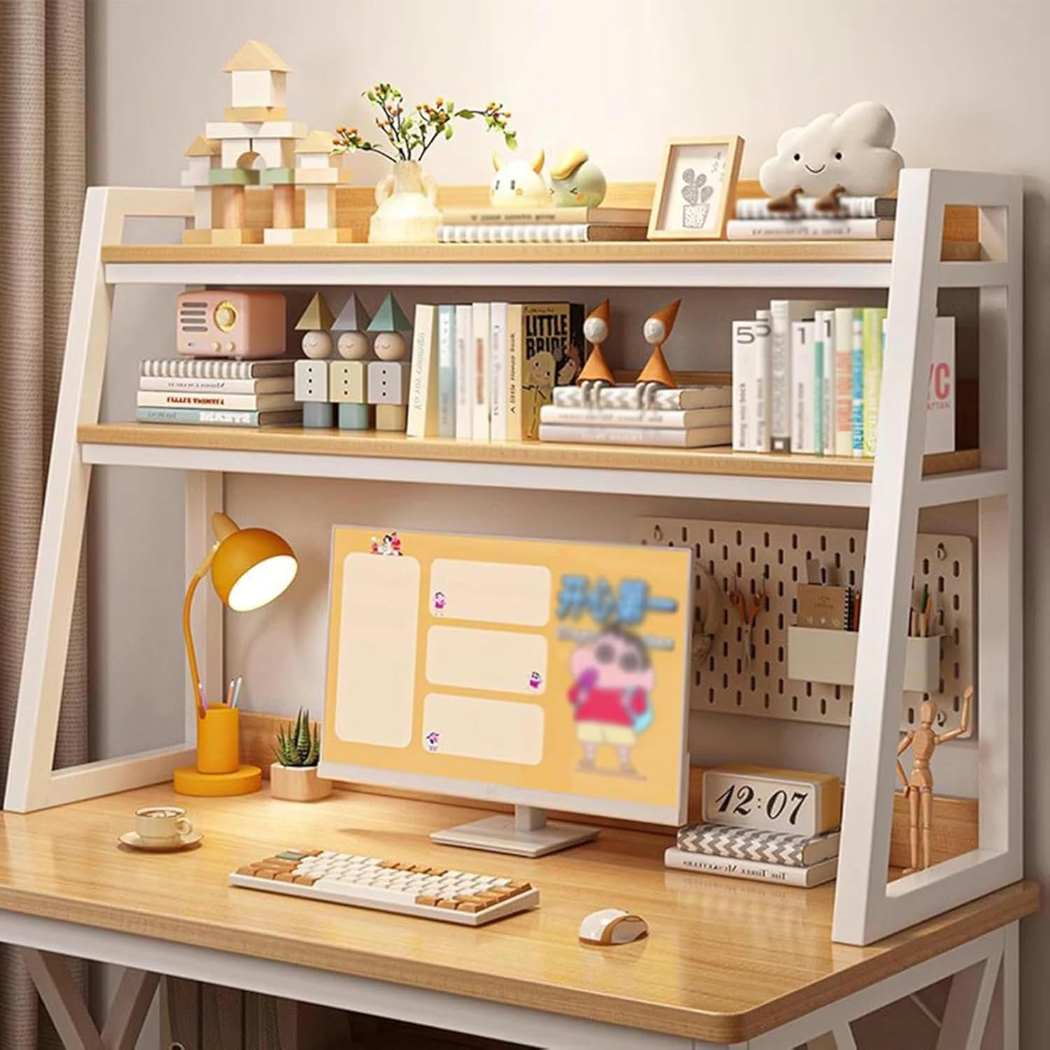 Desktop Bookshelf for Computer Desk, Metal Trapezoidal Desktop Organizer Rack Multipurpose Countertop Hutch Bookcase Open Office Books Magazine CD Display Rack Kitchen (115X32X90CM)