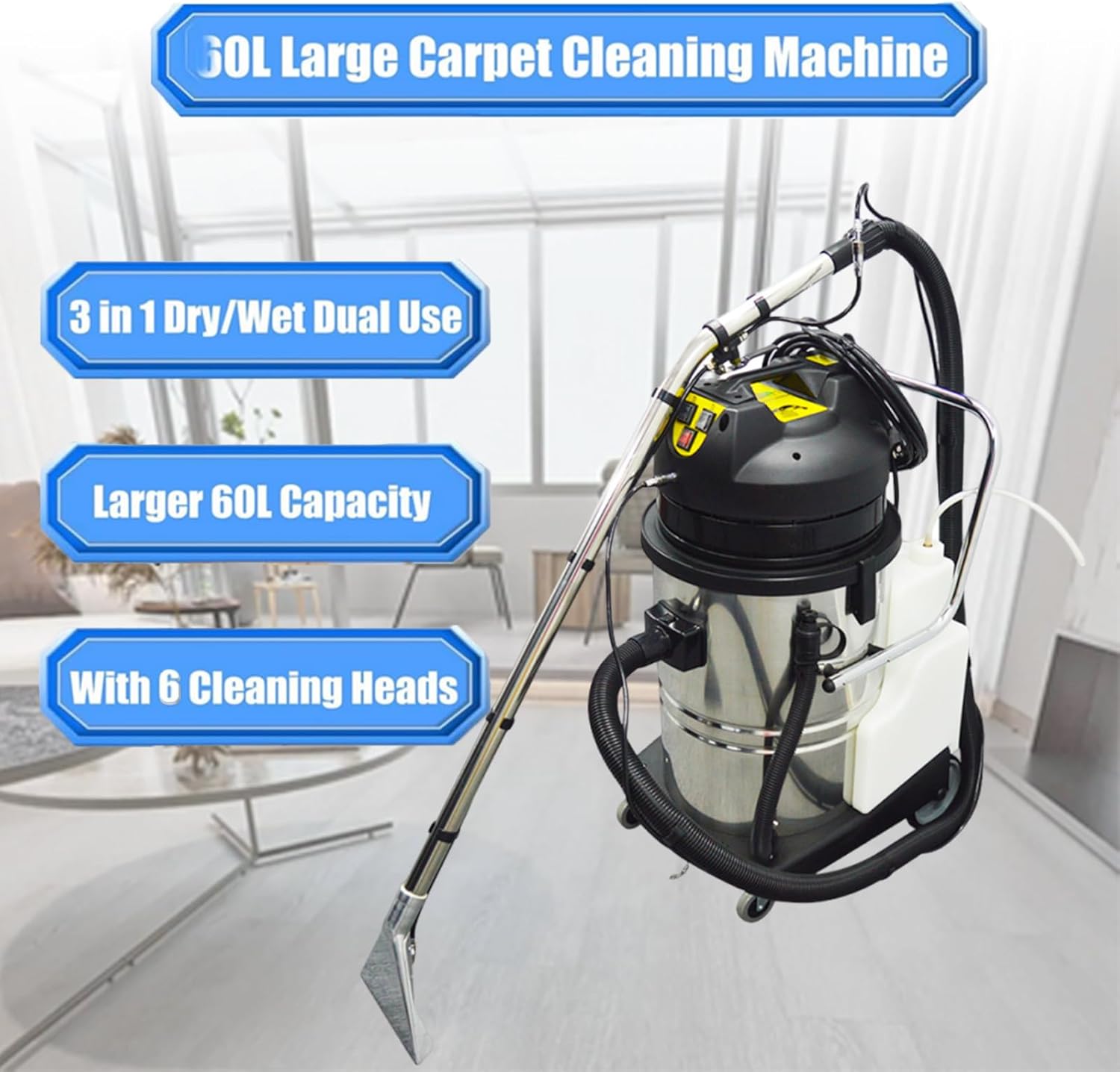 Yokoma 60L Commercial Carpet Cleaning Machine 3 in 1 Carpet Cleaning Machine 15.85gal Heavy Duty Sofa Cleaner Upright Commercial Sofa Cleaner with Spraying, Washing, Drying Functions, AC110V