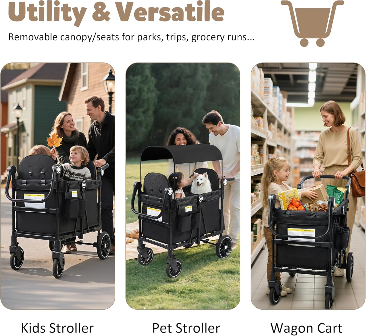 Stroller Wagon for 2 Kids, Foldable Push Wagon for Toddlers Baby with Canopy, Large Storage, 5-Point Harness, Adjustable Handle for Family Outdoor Activities, Black