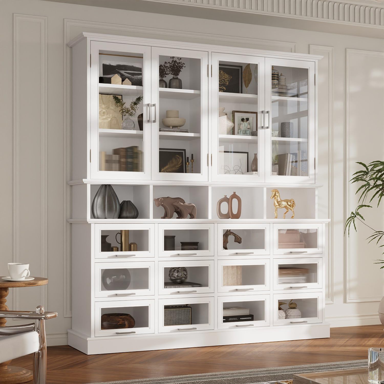 Lovinouse Large Wide Modern Book Shelf, Tall White Cube Storage Bookcase, Display Hutch Cabinet with Storage Tempered Glass Doors and Cube Shelves, Glass Display Cabinet Bookshelf for Living Room