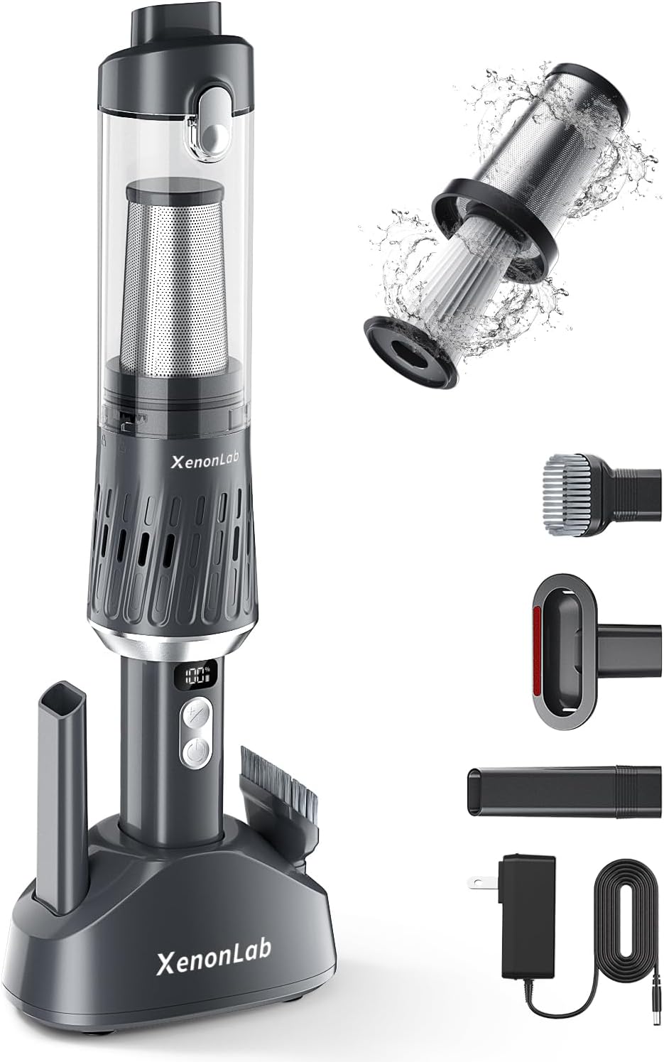 XenonLab Handheld Vacuum Cordless 25000Pa Car Vacuum 3-in-1 Handheld Vacuum, Includes Smart Display and Charging Base Hand Vac Cordless Rechargeable One-Touch Empty for Home/Pet/Car (Silver)