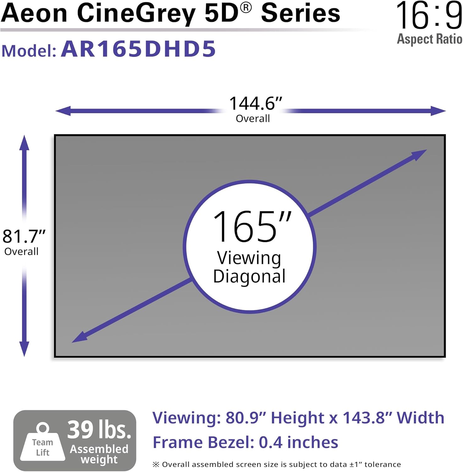Elite Screens Aeon CineGrey 5D 165” Fixed Frame CLR/ALR Projector Screen 16:9, Edge-Free Design, Ceiling & Ambient Light Rejecting, Wall Mounted, Standard Throw Compatible for Home Theater, AR165DHD5