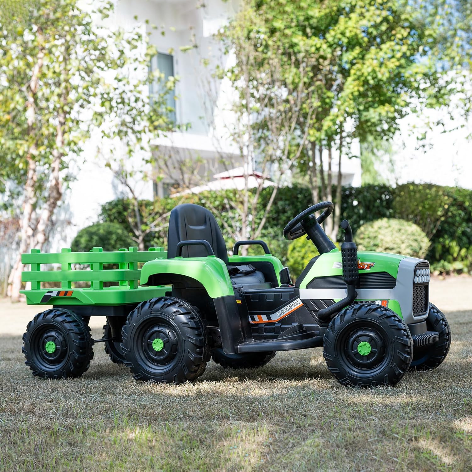 24V Battery Powered Tractor with Trailer, 6-Wheel Electric Farm Toy for Kids, Dual 200W Motors, Remote Control, Bluetooth Music, LED Headlights, Soft Start, Green