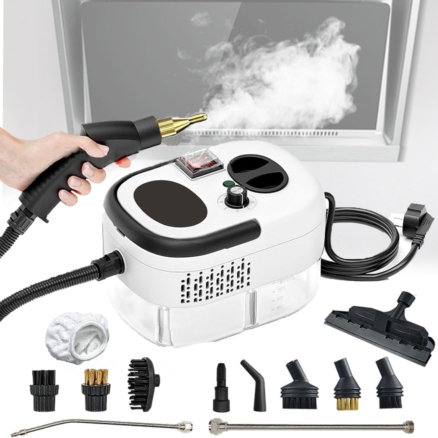 Portable Cleaning Steam Machine, 2500W Handheld Steam Cleaner with 1200ML Water Tank, 6 Wind Speed Adjustment and 105℃ High Temperature Steam, 15 Seconds Quick Heating, for Kitchen, Furniture