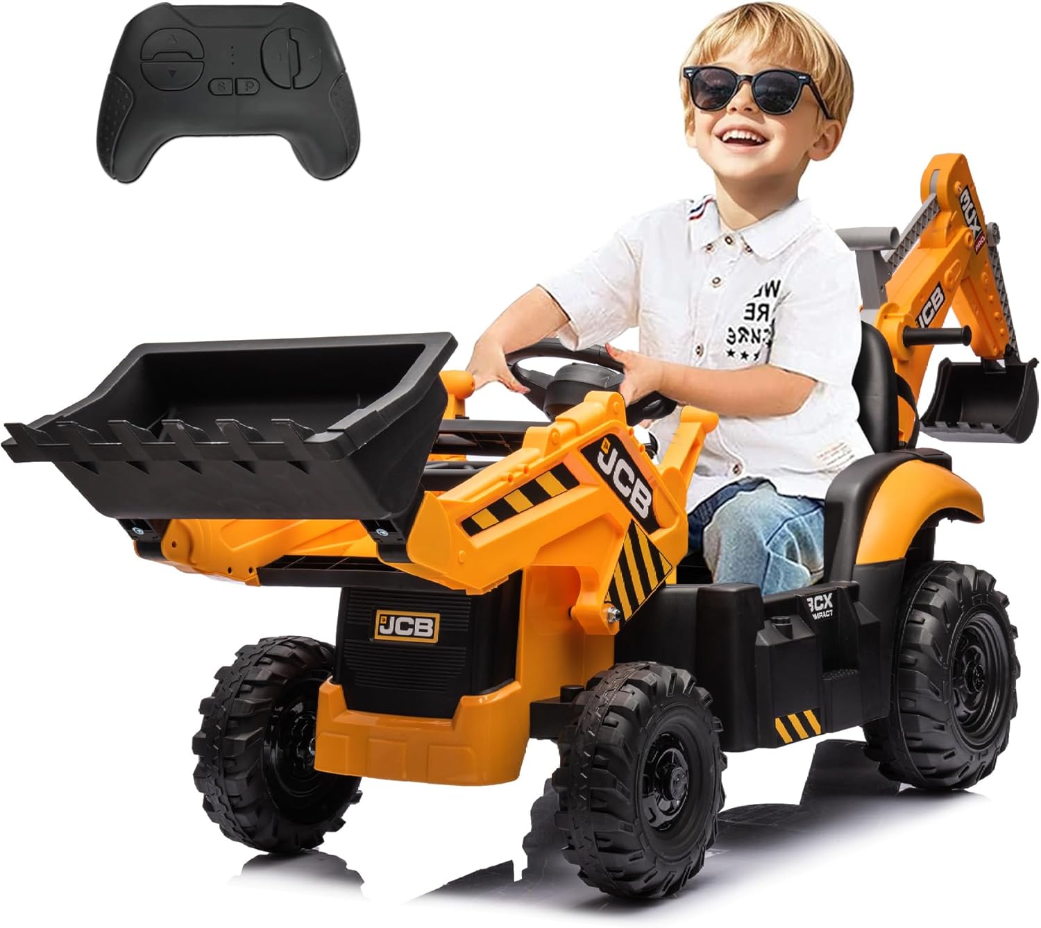 24V 3 in 1 Ride on Tractor, Excavator & Bulldozer, Licensed JCB 400W Powerful Motor Electric Vehicle w/Front Loader, Shovel Bucket, Digger, Remote Control, Kids Ride on Car Toys, Yellow