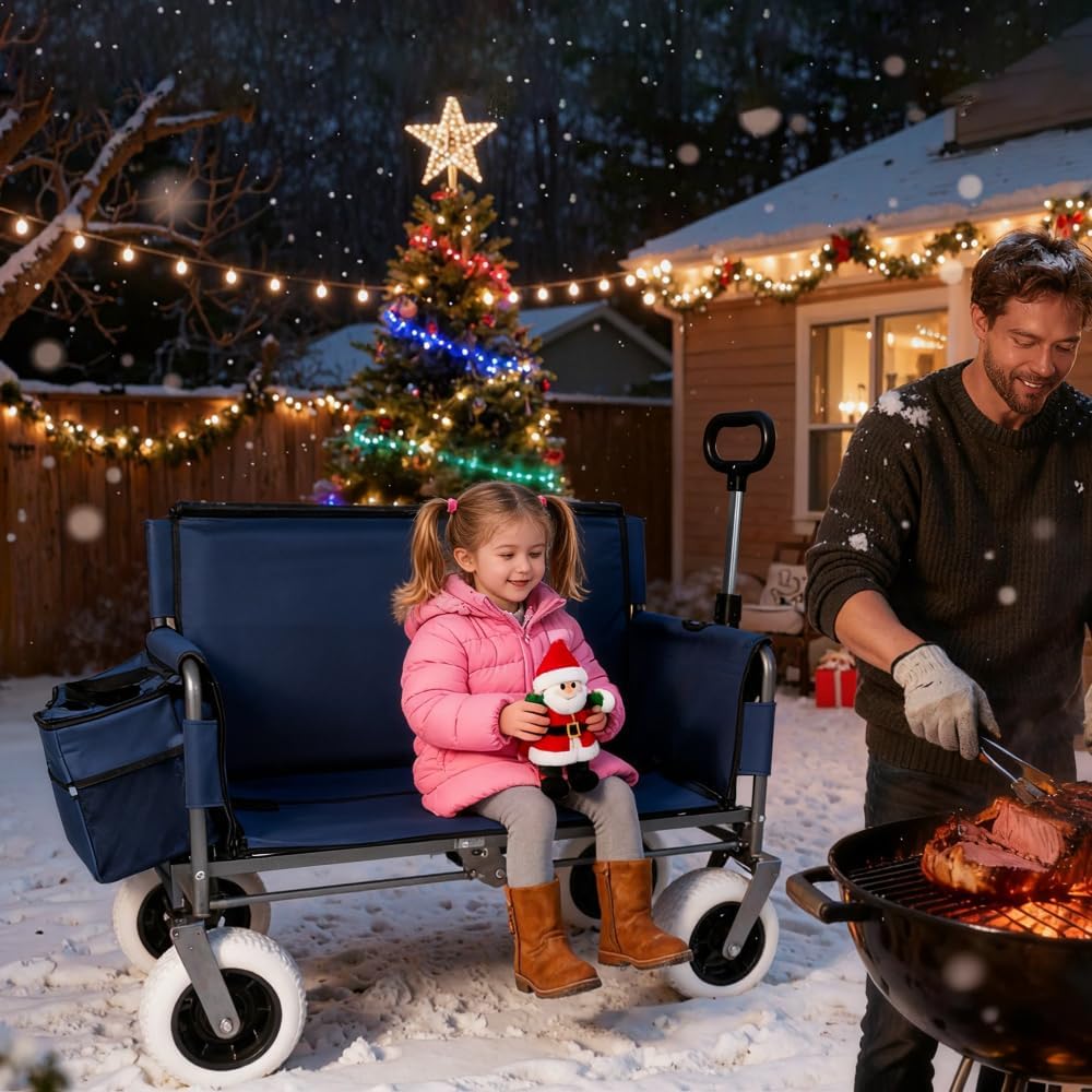 Versatile Folding Wagon with Bench Seat – Heavy-Duty Steel Frame, All-Terrain Wheels, Spacious Cargo Area for Outdoor Adventures (Dark Blue + Steel)