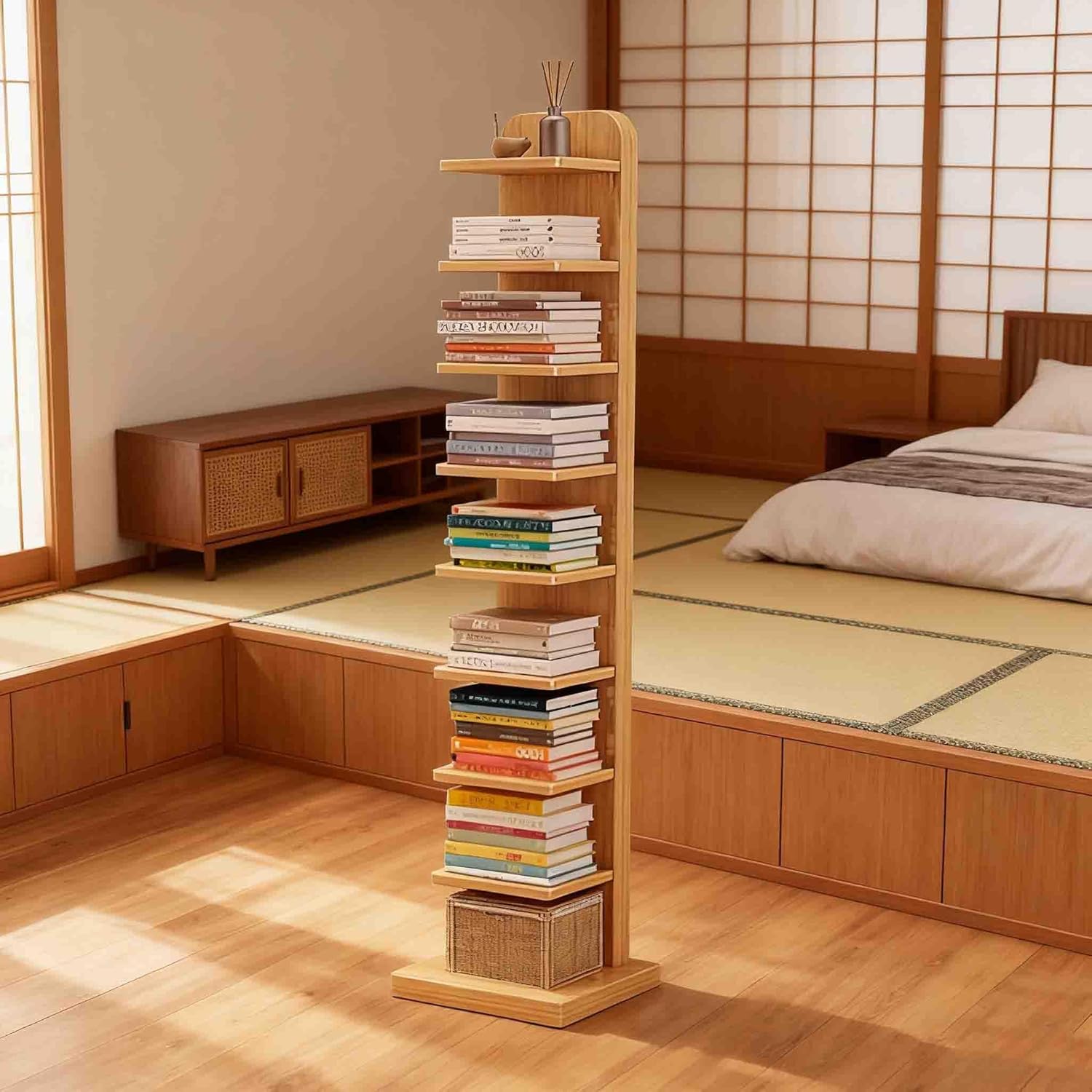 SHACNGI Vertical Spine Bookshelf Tower, Floor Standing Book Organizers, 5/9-Tier Spine Book Tower, Invisible Floating Bookshelf, Tall Narrow Bookcase for Home Office (Natural Wood, 9-Layer)