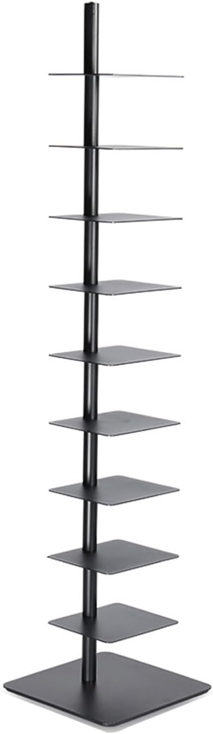 9-Tier Metal Spine Bookshelf, Metal Vertical Bookshelf DIY Spine Book Tower, 4 Adjustable Angles Multipurpose Corner Bookshelf, Tall Narrow Ladder Bookcase, for Small Spaces, Living Rooms, Offices(Bla