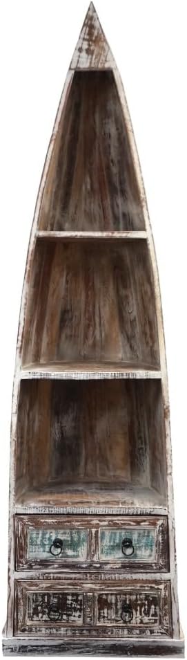 Sundara Furnishings Nautical Bookcase, Canoe Bookcase with 2 Drawers, Reclaimed Wood, Whitewashed, 81