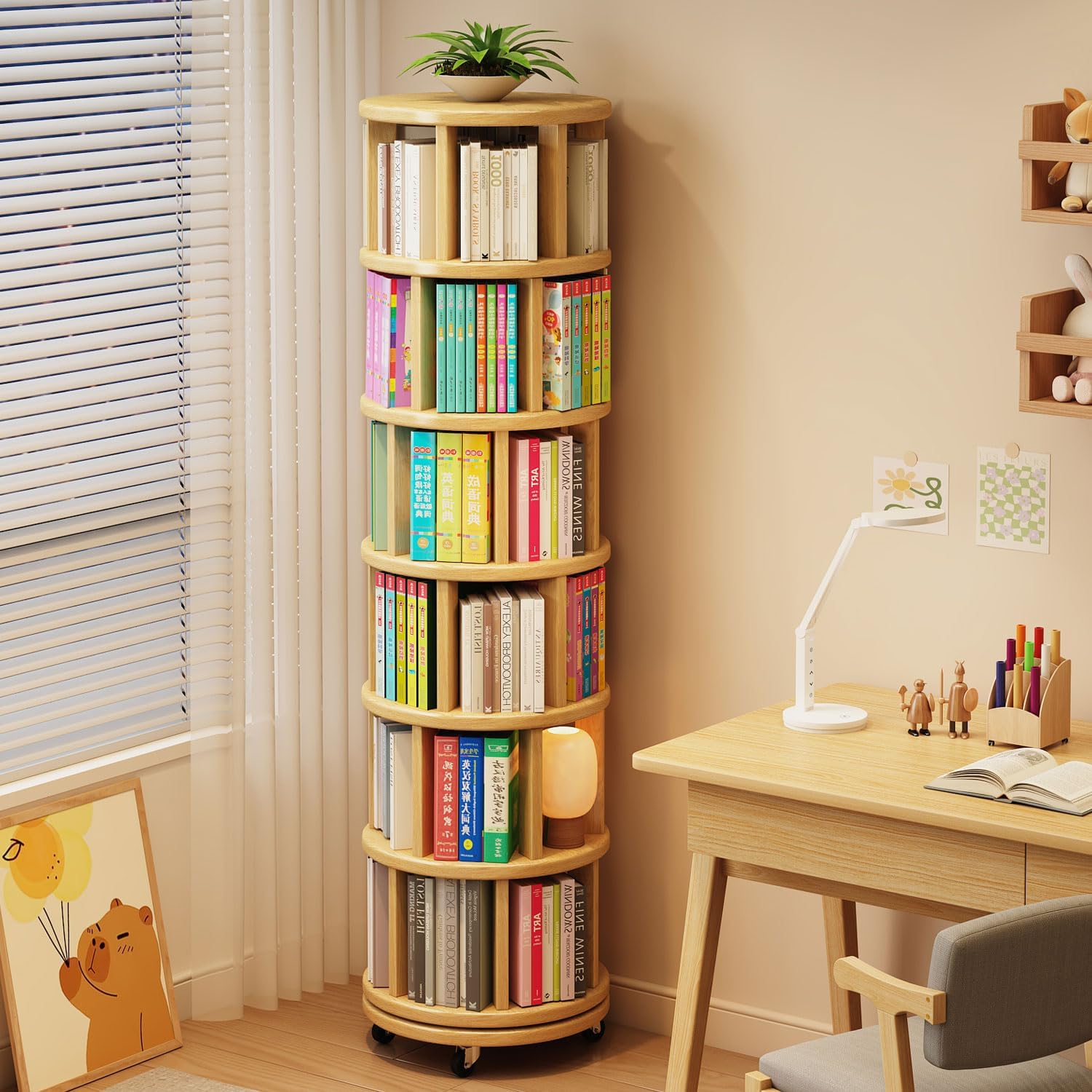 MKSDJIW 6 Tier Rotating Bookshelf 360° Solid Wood Spinning Book Shelf Tower on Wheels Rolling Revolving Bookcase for Small Spaces, Corner, Bedroom, Kids Room, Office