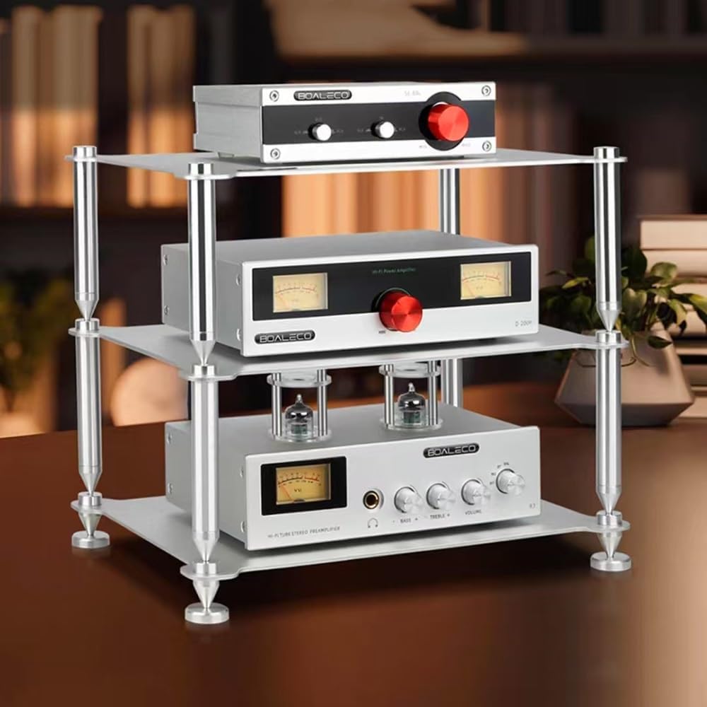 TAJMDGW Desktop HiFi Audio Rack Metal Small AV Media Stand 3-Tier Desk Shelf Organizer Stereo Component Tower Cabinet Split Rack Holds for CD Record