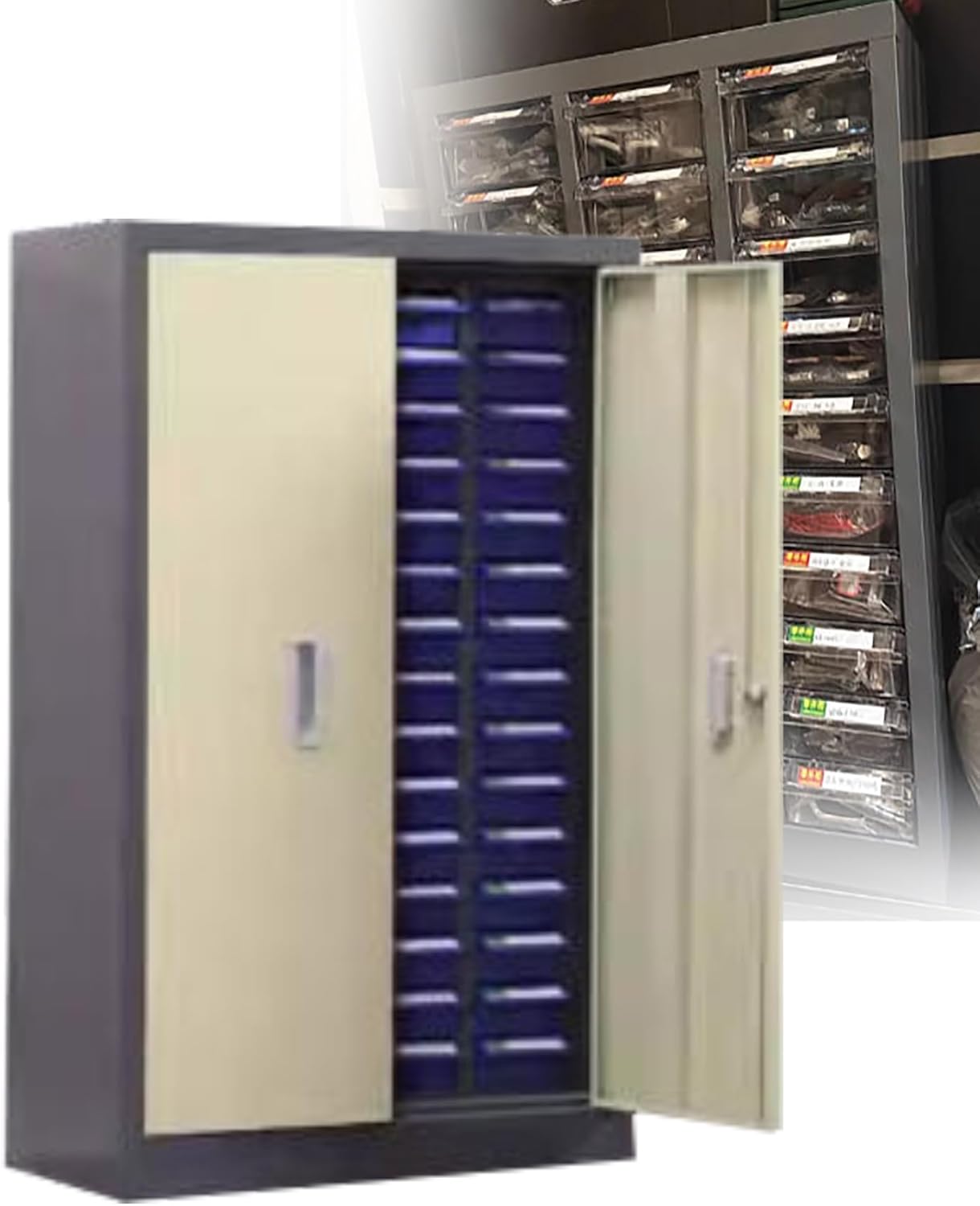 60 Drawers Multi-Drawer Parts Storage Cabinet with Door, Stackable Workshop Organizer for Screws, Electronics Components(Blue,L 132X36X78.8cm)