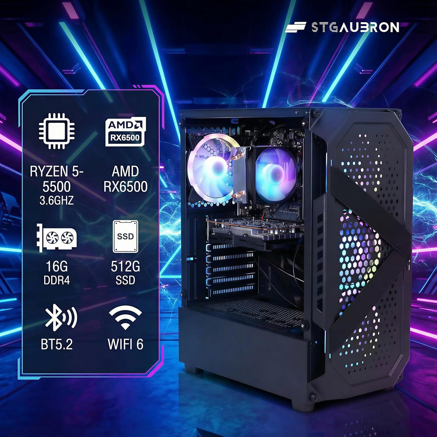 STGAubron Gaming PC Desktop Computer, AMD Ryzen 5 5500 up to 4.2G, Radeon RX 6500 4G, 16GB DDR4, 512GB SSD, WiFi 6, BT 5.2, RGB Fan x4, Windows 11 Home