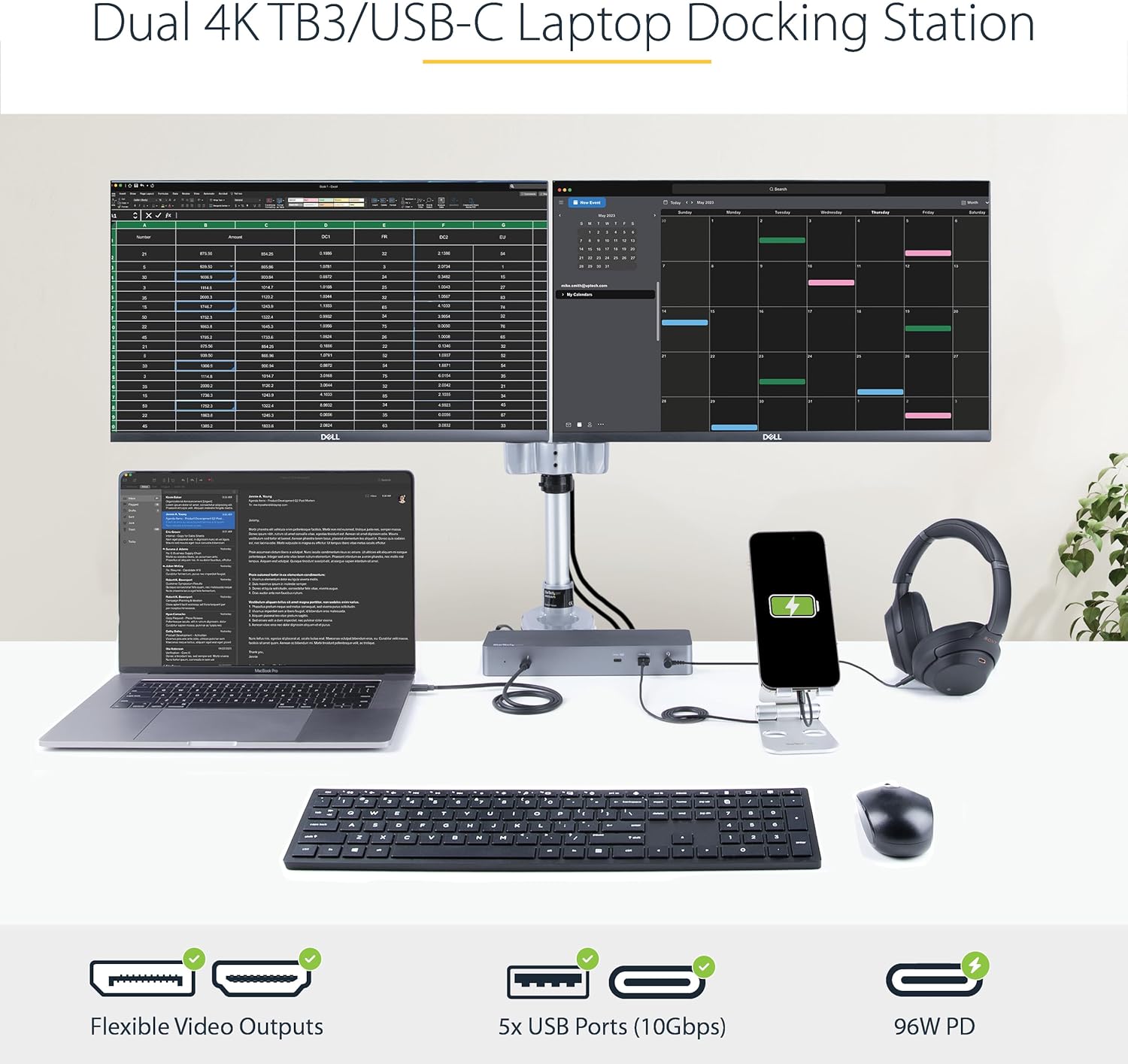 StarTech.com USB C Docking Station for MacBook Pro/Air-M1/M2/M3/M4, Dual 4K 60Hz/Single 8K, Thunderbolt Compatible, HDMI/DisplayPort, 10Gbps USB Type-C Laptop Dock, 96W Power Delivery (TB3CDK2DH)