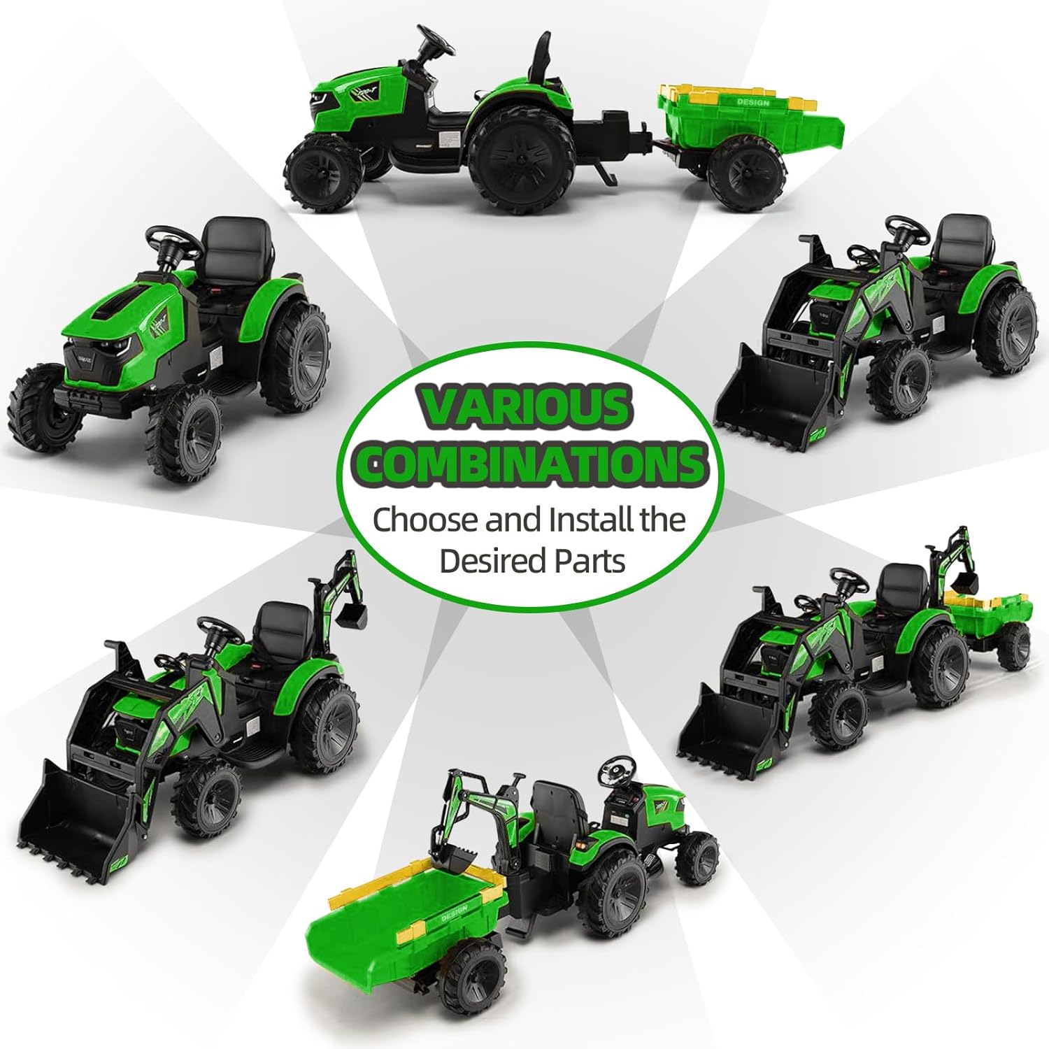 3 in 1 Ride on Tractor, 24V Ride on Toy for Big Kids, Excavator Bulldozer - Battery-Powered Electric Vehicle w/Trailer, Digger, Remote Control, LED Lights, Music, USB, Battery Powered, Green