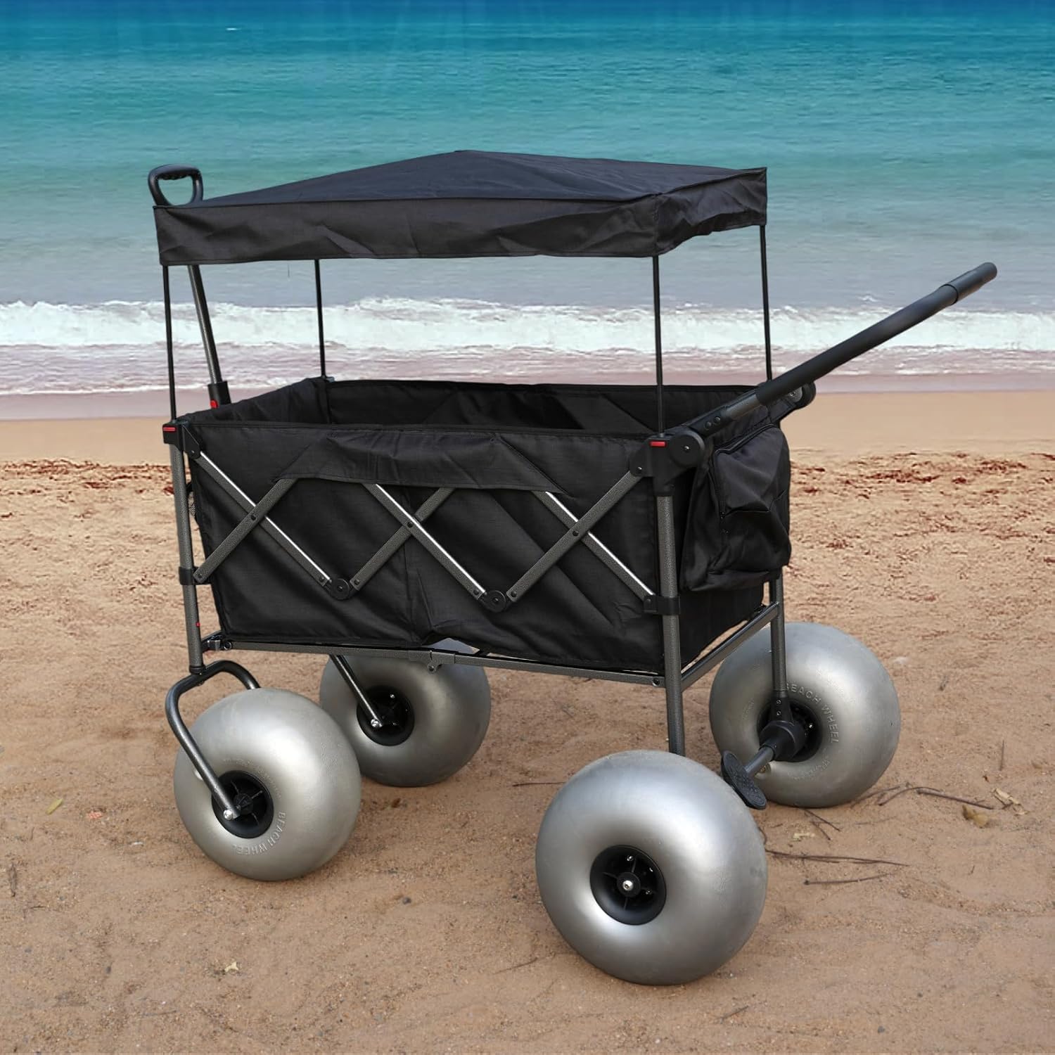 Stroller Wagon with Big Balloon Wheels for Sand, Folding Pull Push Cart with Removable Canopy, 13'' Inflatable Tires, Pump Included