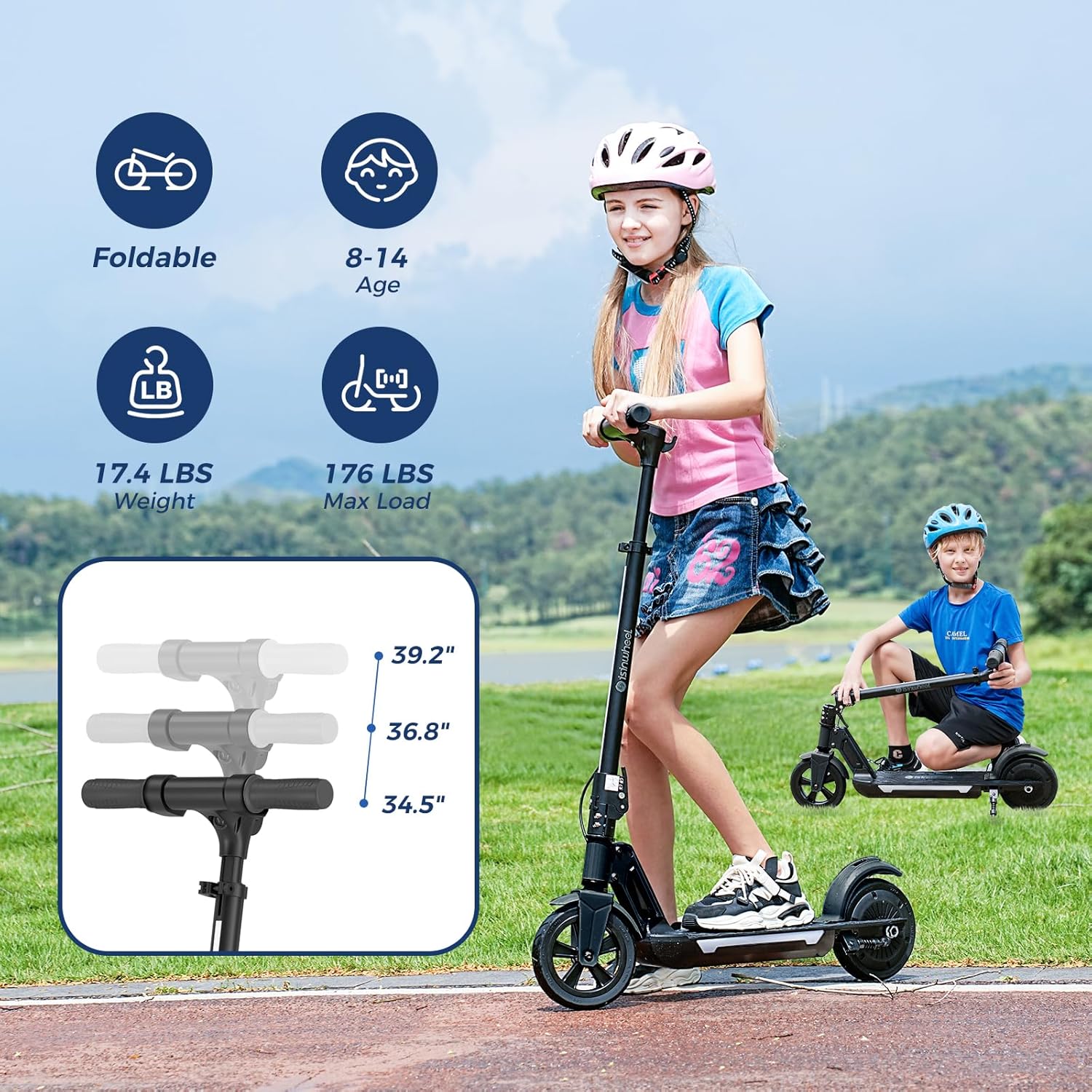 isinwheel S7 Electric Scooter for Kids Ages 8-14, 250W Foldable and 3 Adjustable Heights Kids Electric Scooter with 3 Speeds (5/8/12 Mph), Cruise Control, LED Display, Gift for Kid