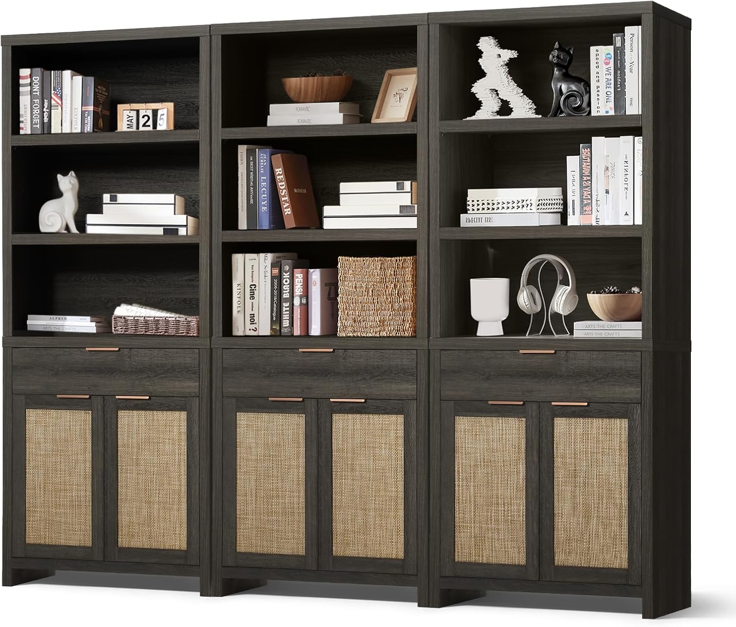OAKHAM HOME Hampstead Bookcase, Rattan Bookcase with Doors Cabinet and Drawer, 5-Tier Bookshelf, Large Wooden Book Case, Tall Bookshelves for Library Living Room (Midnight Oak, 3 Pieces)