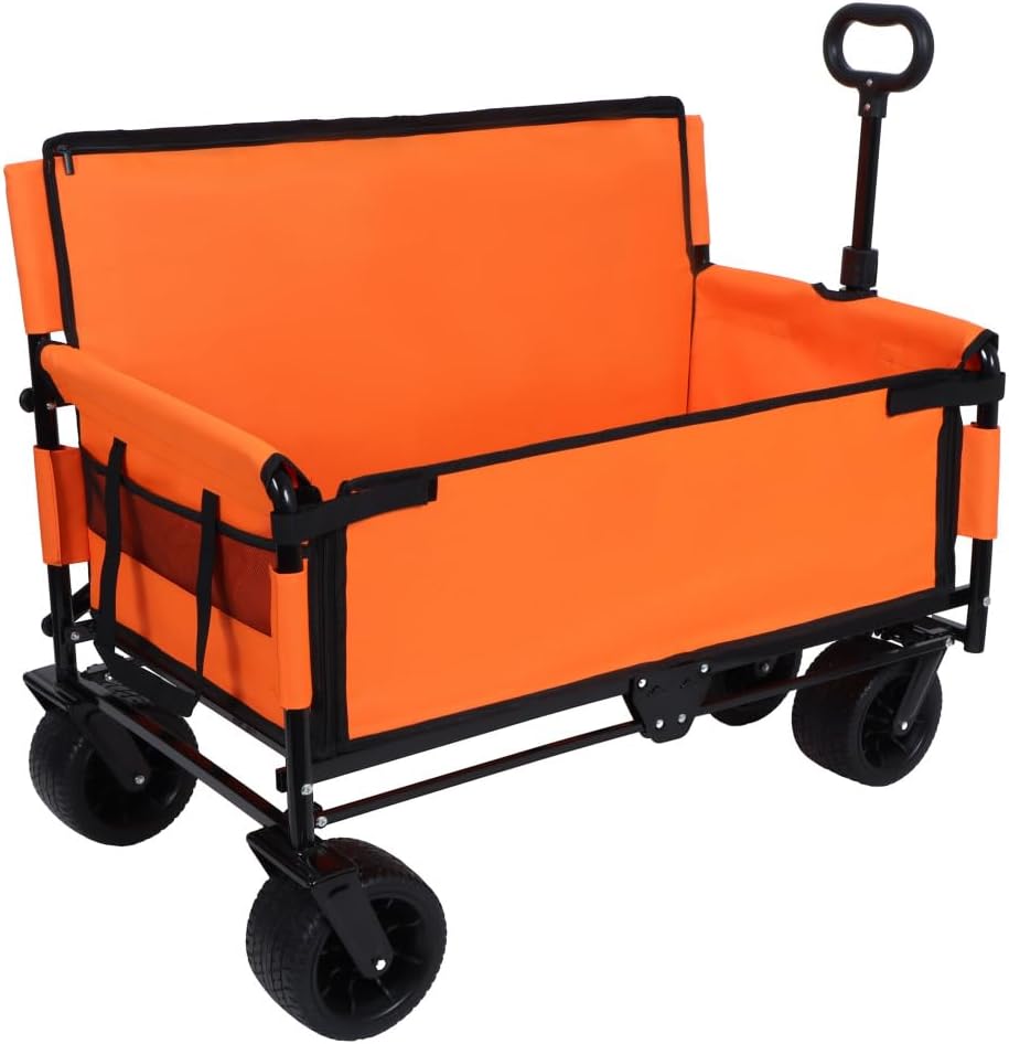3-in-1 Convertible Folding Wagon Cart with Bench Seat & Storage - 500lbs Heavy-Duty Utility Wagon with All-Terrain Wheels (Orange + Steel)