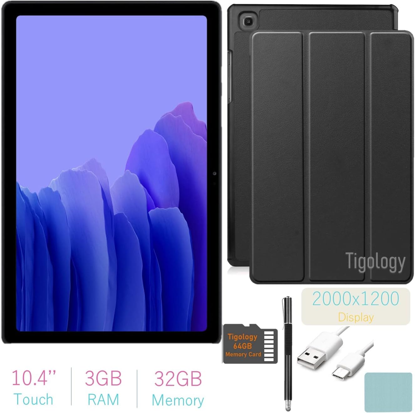 Samsung 2020 Galaxy Tab A7 10.4’’ (2000x1200) TFT Display Wi-Fi Tablet Bundle, Qualcomm Snapdragon 662, 3GB RAM, Bluetooth, Dolby Atmos Audio, Android 10 OS w/Tigology Accessories (64GB, Gray)