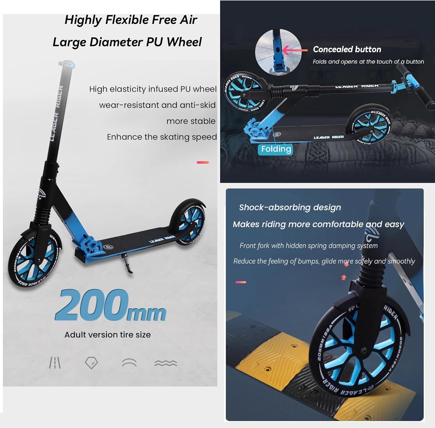 Kick Scooter for Teens & Adults,Scooters for Kids 6 Years And Up,3 Adjustable Height,Big Wheels,Lightweight, Anti-Slip Rubber Grips,Non-Slip Thickened Deck,Shock Absorber, Portable Kick Scoote