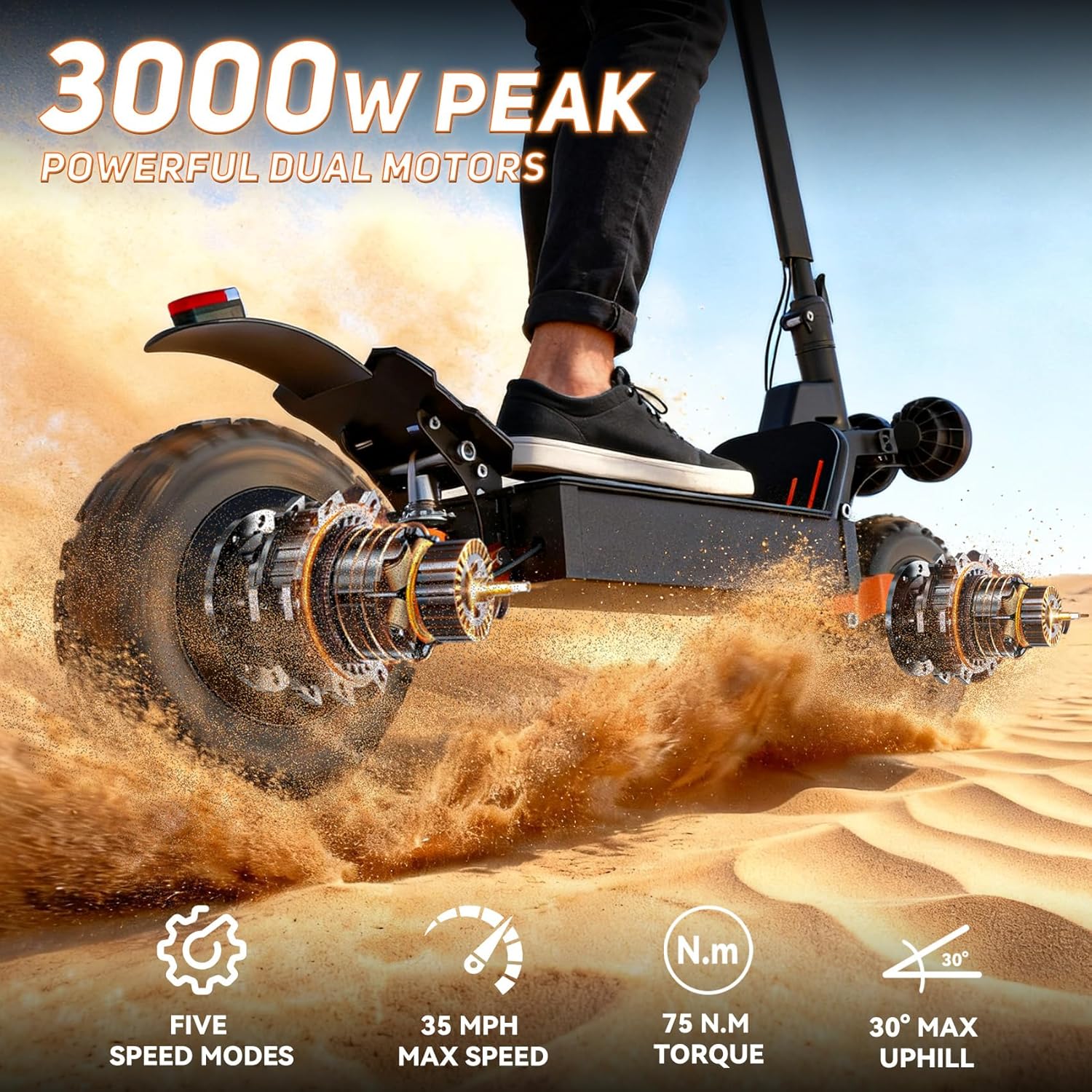 Off Road Electric Scooter for Adults, 3000W Dual Motors, Up to 35 MPH & 70 Miles Range, 48V 20Ah Battery, 11