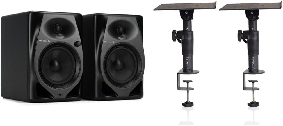 Pioneer DJ DM-50D 5-inch Active Monitor Speaker - Black & Gator Frameworks Desktop Clamp-On Studio Monitor and Speaker Stand - Set of 2 (GFWSPKSTMNDSKCMP)