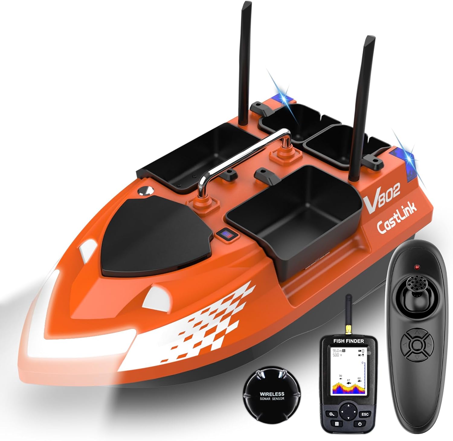 4 Boxes RC Bait Boat & Fish Finder for Fishing with 6.6lbs Load Capacity, 18000mAh Battery & Dual Motor&Antena for 500M Range Bait Deployment, Fish Bait Boats with Stern Hook System for Fishing
