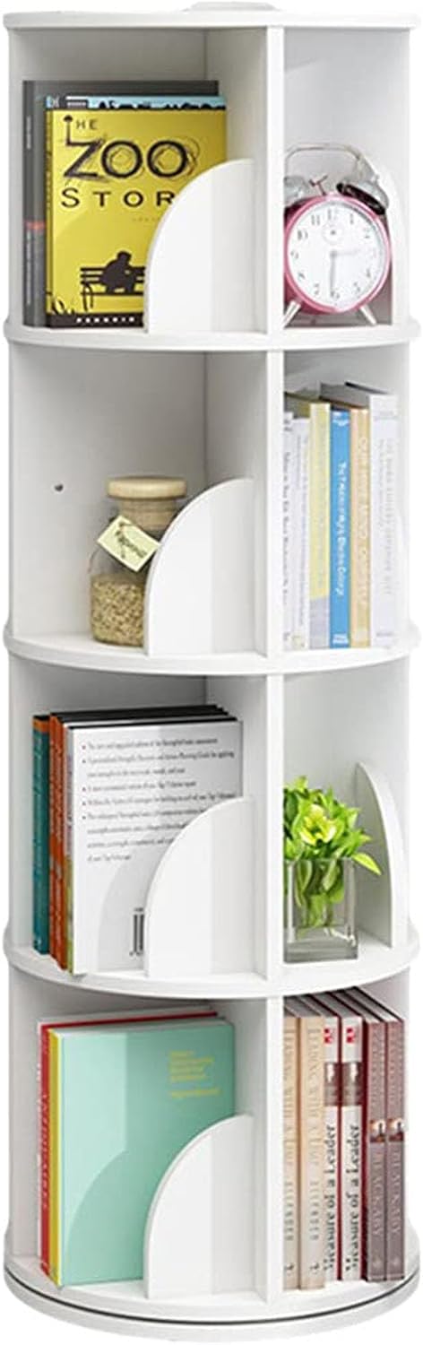 Rotating Bookshelf White Wood Corner Bookshelf, 360 Display Spinning Bookcase Storage Rack Floor Standing Revolving Bookcase for Bedroom, Living Room