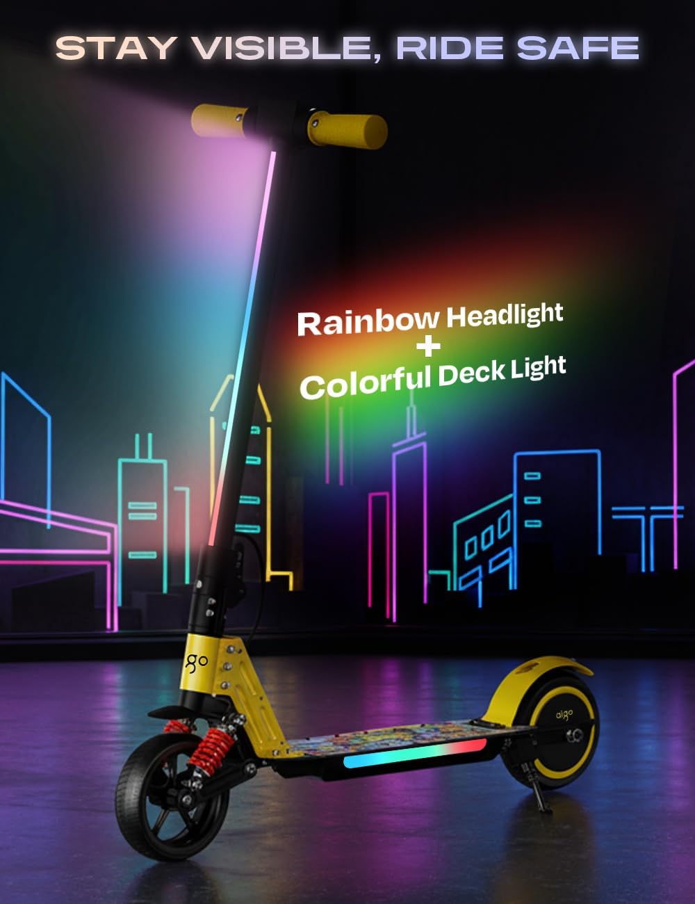 aigo E3 Kids Electric Scooter - Front Suspension, Max 3-5 Miles Long Range, Powerful 130W Motor, Multi-Color RGB Light Deck and Rainbow Headlight, 154lbs Weight Safety Tested to UL 2272