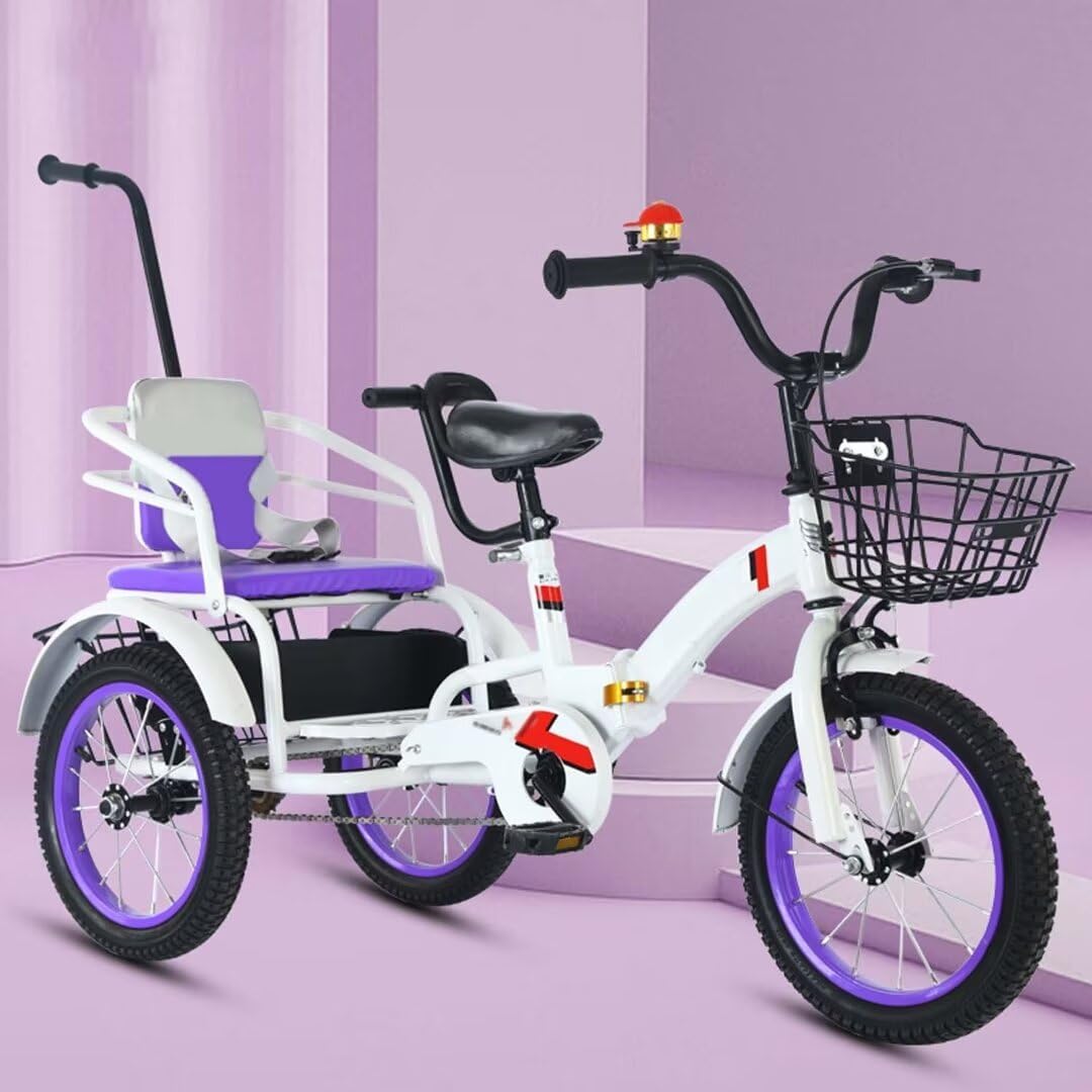 Folding Toddler trikes with Parent Handle,3-10 Years Tandem tricycles with Rear Passenger seat,Height Adjustable Saddle with armrest,3 Wheeler Pedal Rickshaw trikes with Pneumatic tire Spoke Wheel