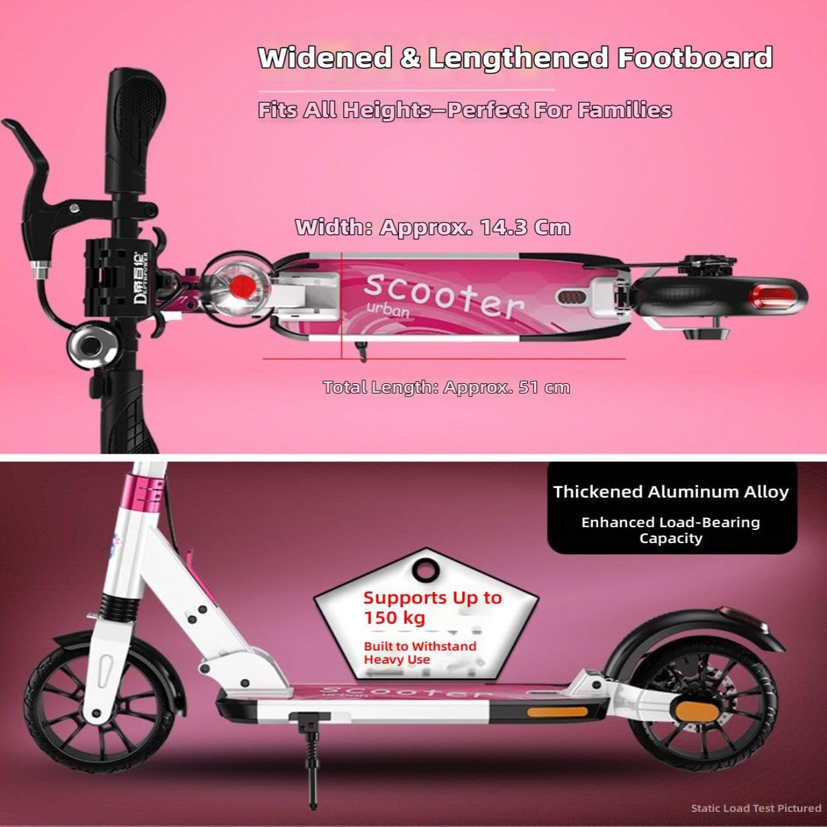 Big Wheels Kick Scooter, Foldable Lightweight Scooter with Adjustable Handlebar, Shock Absorption, Perfect for Kids Ages 6, Teens, Adults (White, L98xW14.5cm, H:87-109cm)