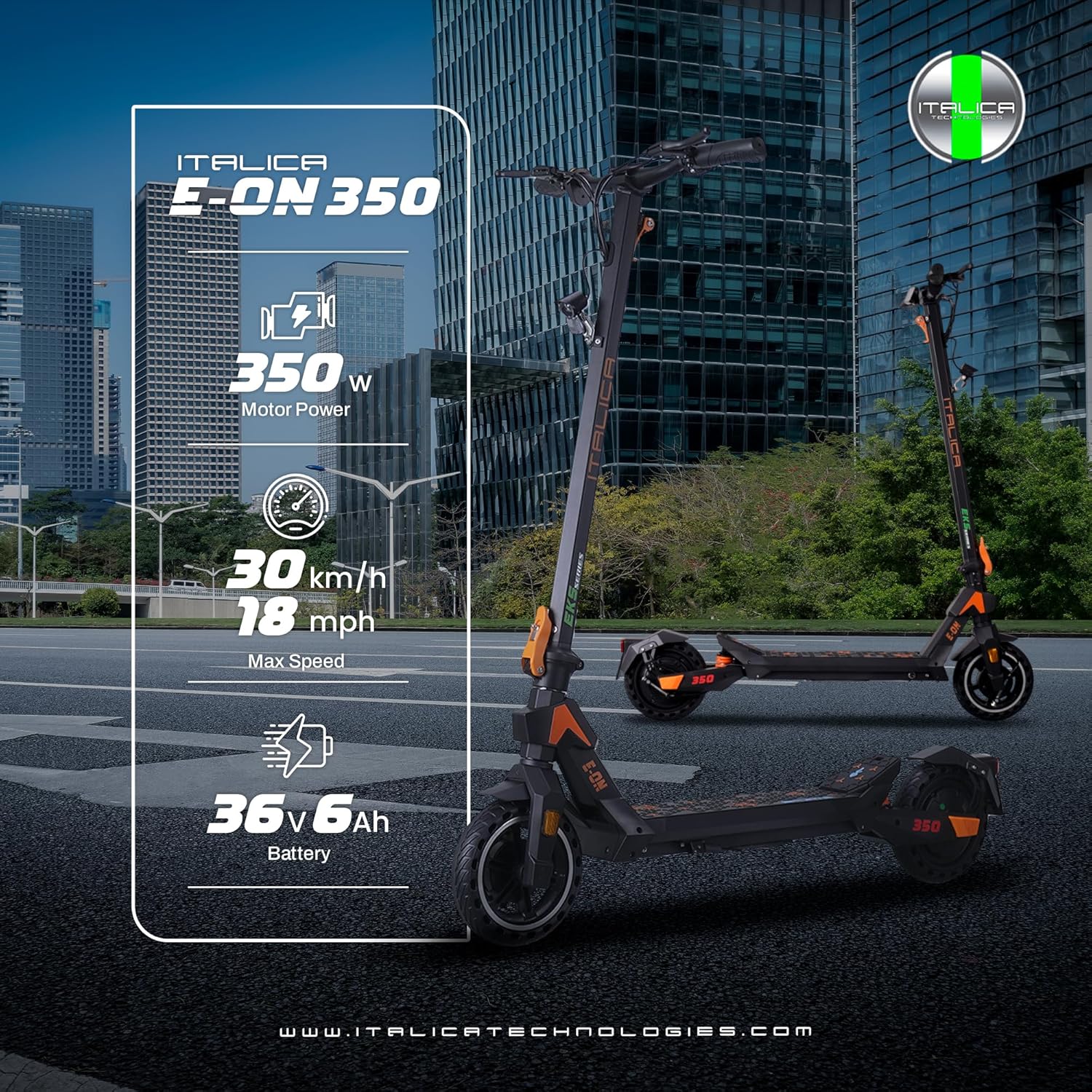 Italica E-ON 350 Electric Scooter, 350W Motor Power, 18 mph Max Speed, 36V 6Ah Battery, Black and Orange