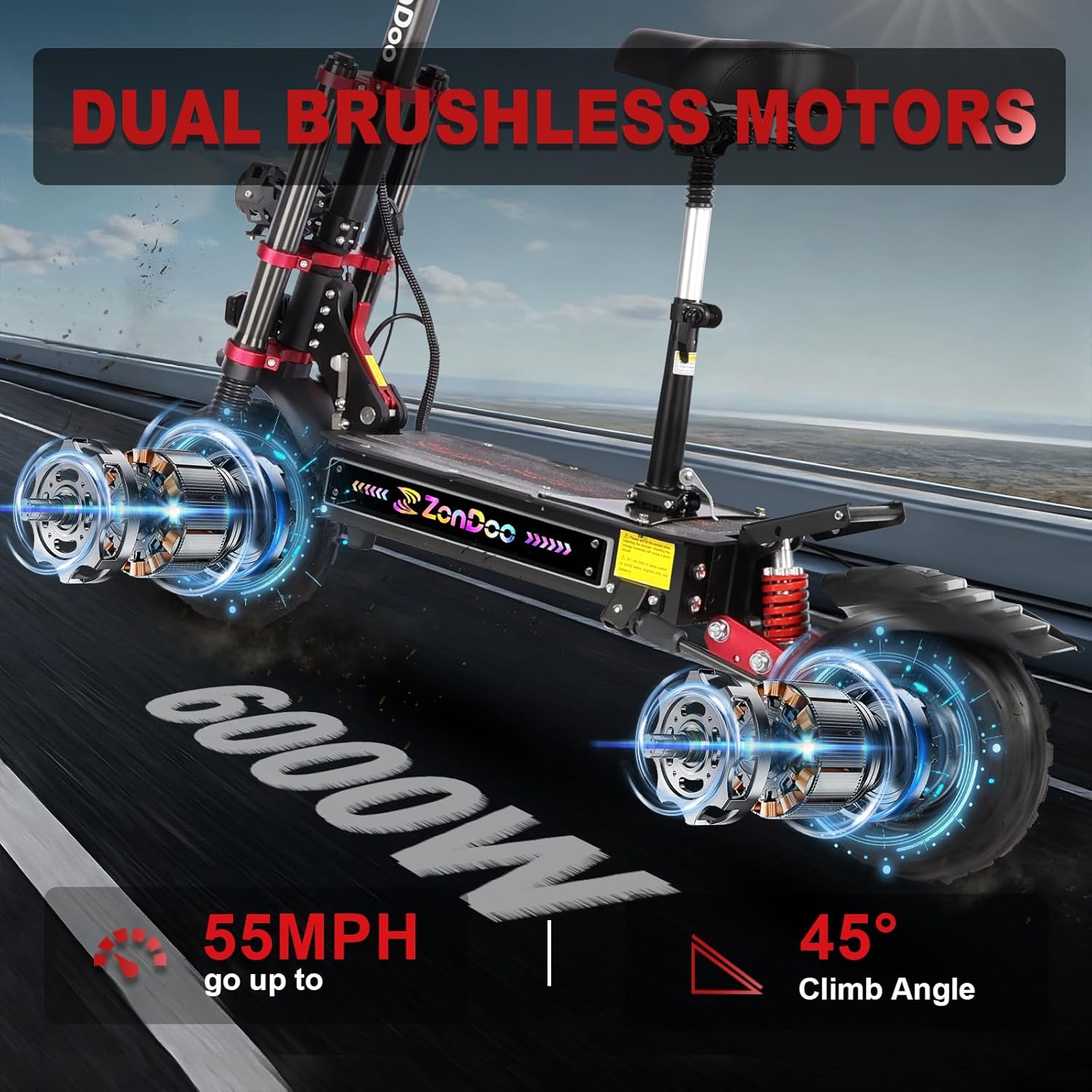 6000w Electric Scooter Dual Motor Up to 58 MPH, 60V35Ah Battery 60 Miles Long Range, Dual Suspension and Hydraulic Disc Brakes, Fat Tires Fast Electric Scooter with seat & Damper