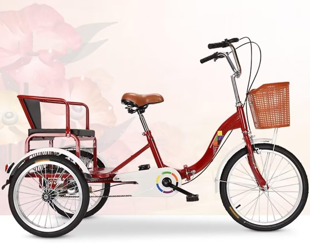 Folding Elderly Tricycle,Adult Rickshaw Pedal Tricycle,Leisure Mobility Vehicle,20inch Tandem Trike with Rear seat,Sensitive Dual Brakes,Scooter Bike (red 20inch)