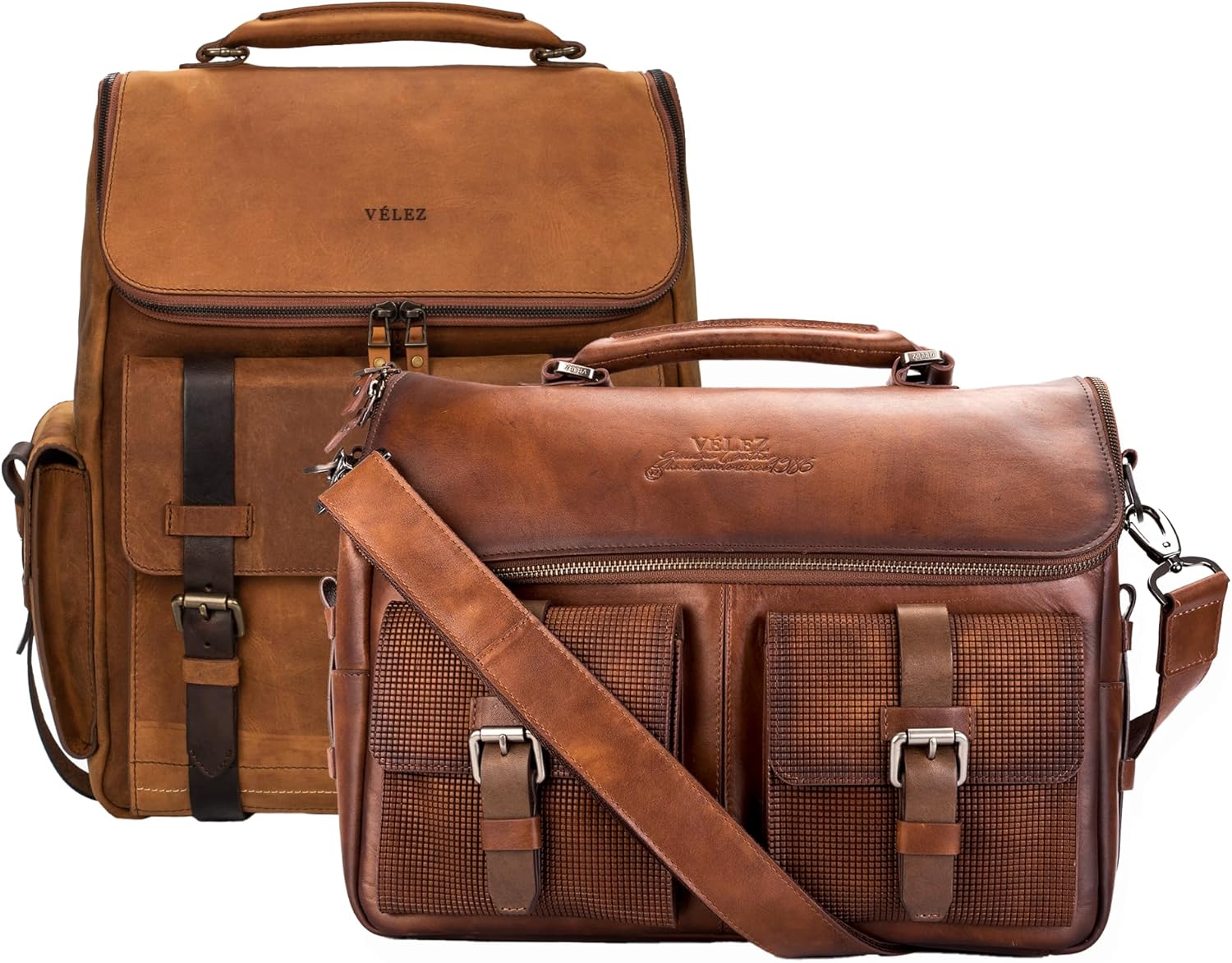 VELEZ Top Grain Leather Backpack for Men Brown Designer Bookbag Business Casual Shoulder Bag + Mens Messenger Laptop Bag travel Briefcase Computer Bags