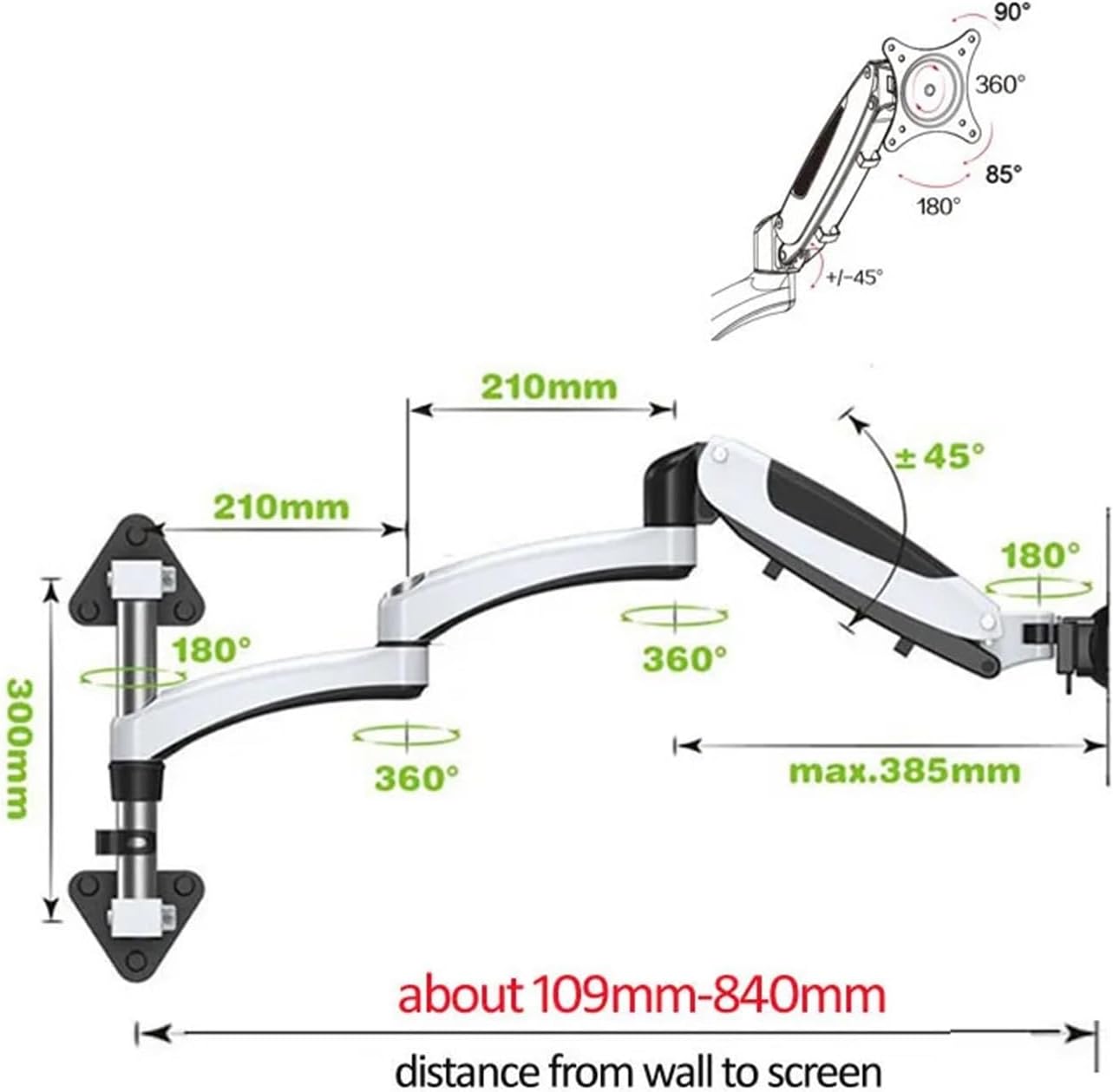 DL-FE160W-L Aluminum Alloy 360° Full Dynamic 15-27 Inch Wall Mount Monitor Double Arm 85 Up and Down