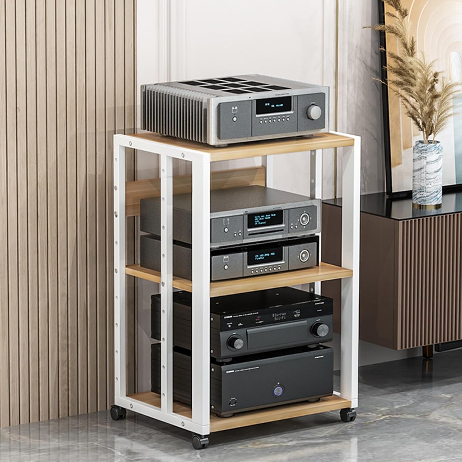 Modern Audio-Video Media Stand with Wheel Home Stereo System Entertainment Components Cabinet Open Storage Rack Floor-Standing Multi-Function Shelf Cabinet for Office Audio Video Theater(White