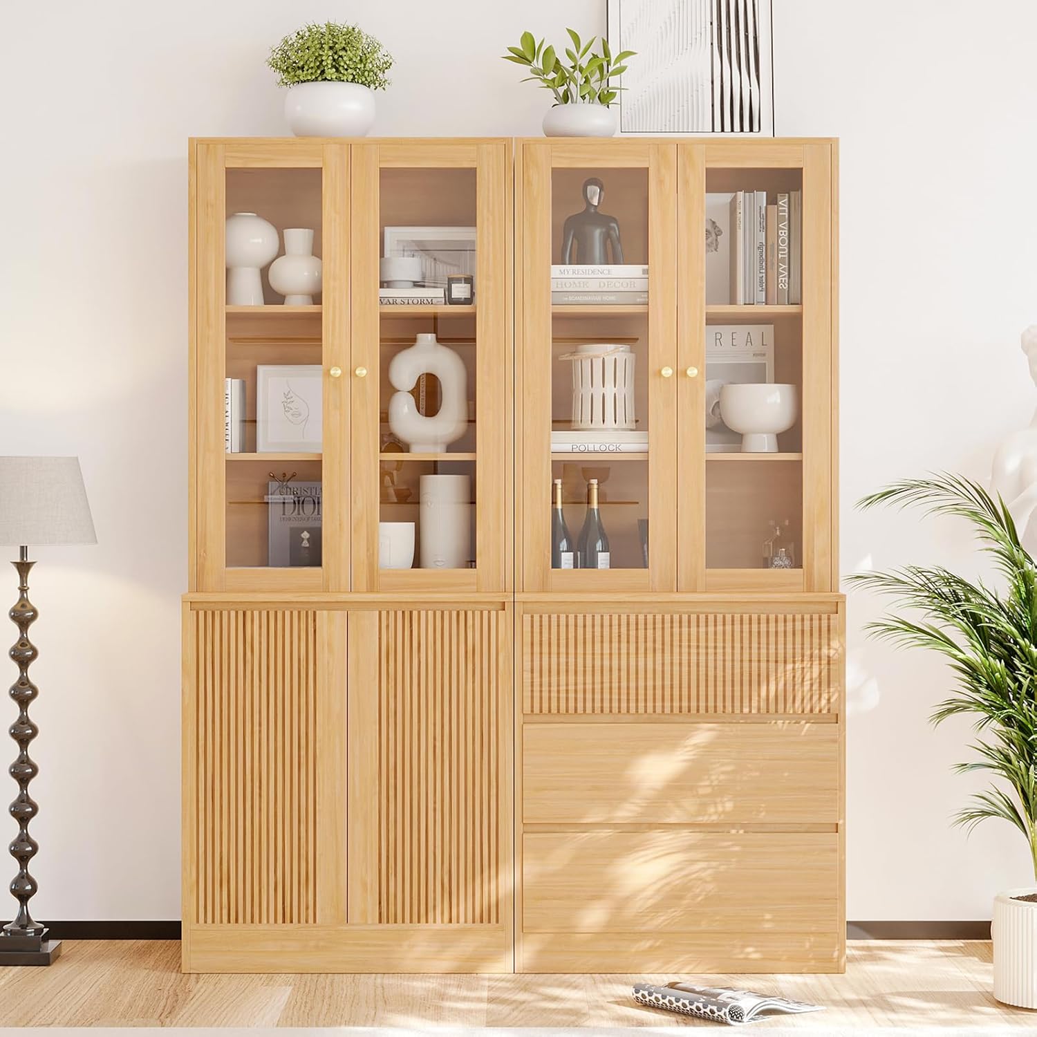 VOWNER 71'' Freestanding Tall Wood Bookcase With 2 Tempered Glass Doors, Modern Kitchen Cupboard for Living Room, Home Office (A+D)