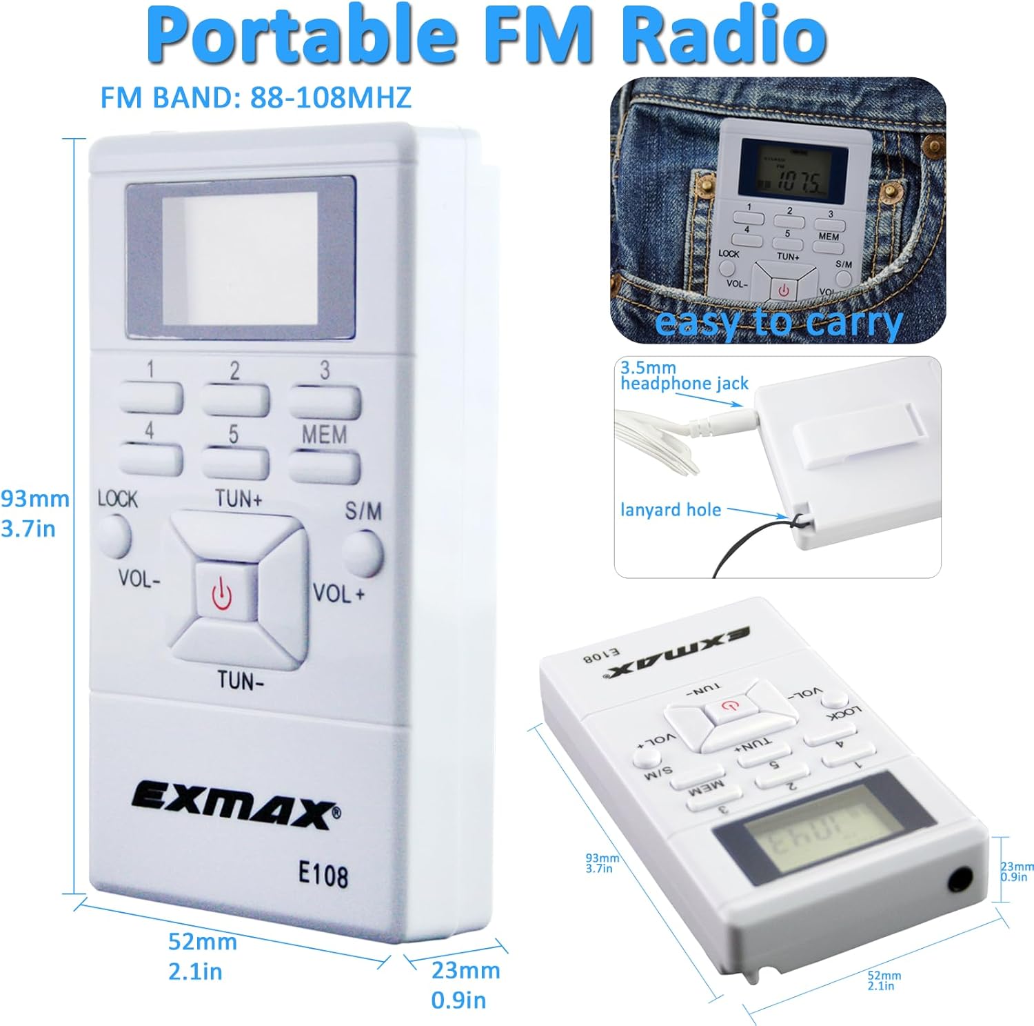 EXMAX E108 Wireless Portable Pocket DSP FM Stereo Radio Digital Receiver with Mini LCD Clock Earphone for Tour Guide System Teaching Meeting - 50 Pack (White)