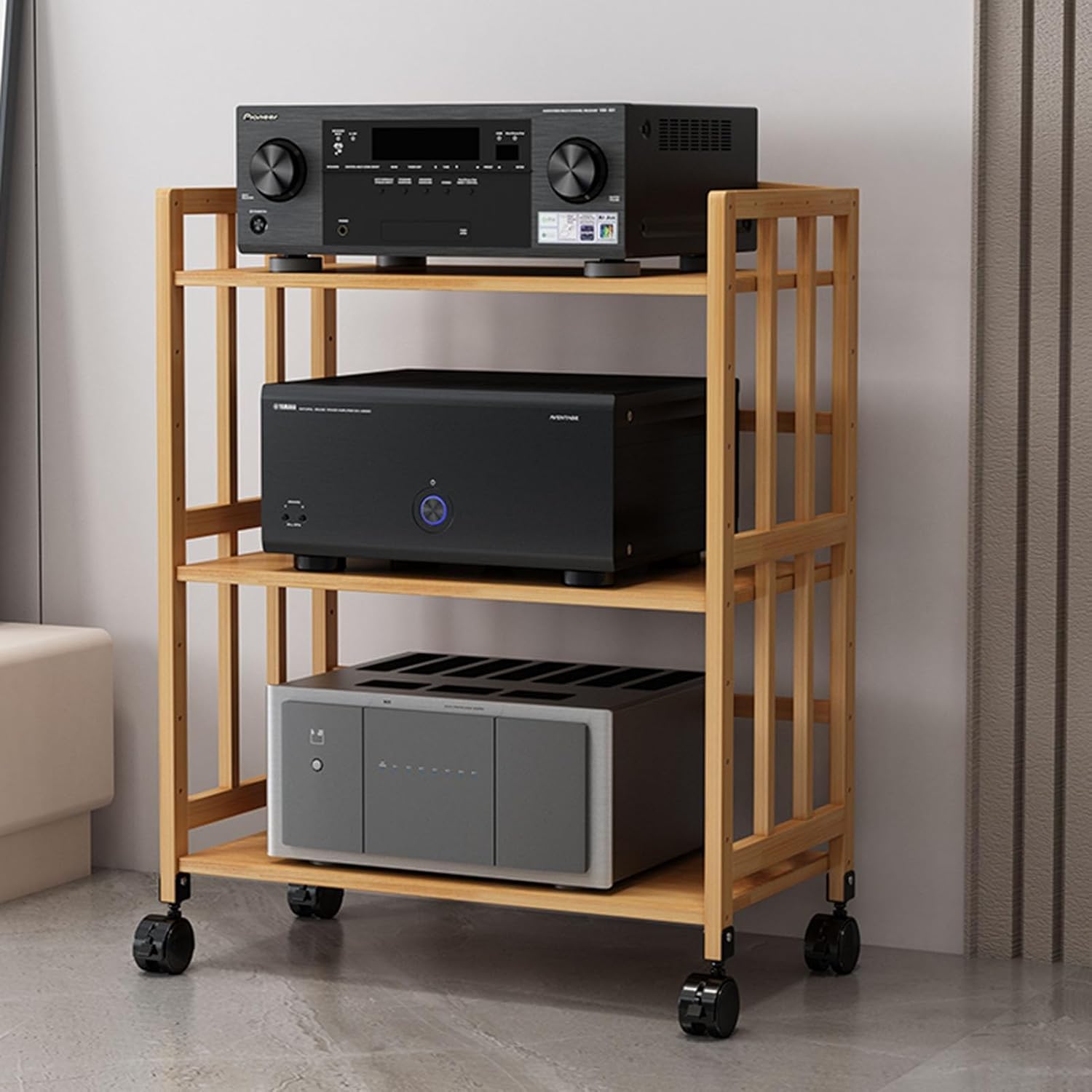 3-Tier Modern Stereo Rack AV Media Cabinet with Height Adjustable Wood Shelf